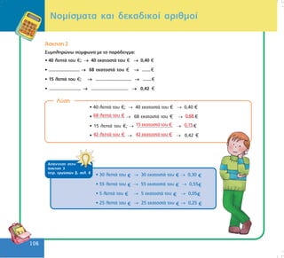 106
106
Íïìßóìáôá êáé äåêáäéêïß áñéèìïß
¢óêçóç 2
Óõìðëçñþíù óýìöùíá ìå ôï ðáñÜäåéãìá:
• 40 ëåðôÜ ôïõ ; →→→→→ 40 åêáôïóôÜ ôïõ →→→→→ 0,40
• ......................... →→→→→ 68 åêáôïóôÜ ôïõ →→→→→ .......
• 15 ëåðôÜ ôïõ ; →→→→→ ............................. →→→→→ .......
• ......................... →→→→→ ............................. →→→→→ 0,42
Ëýóç
• 40 ëåðôÜ ôïõ ; → 40 åêáôïóôÜ ôïõ → 0,40
• ......................... → 68 åêáôïóôÜ ôïõ → .......
• 15 ëåðôÜ ôïõ ; → ............................. → .......
• ......................... → ............................. → 0,42
68 ëåðôÜ ôïõ 0,68
42 ëåðôÜ ôïõ
15 åêáôïóôÜ ôïõ
42 åêáôïóôÜ ôïõ
0,15
ÁðÜíôçóç óôçí
Üóêçóç 3
ôåôñ. åñãáóéþí â, óåë. 8
• 30 ëåðôÜ ôïõ → 30 åêáôïóôÜ ôïõ → 0,30
• 55 ëåðôÜ ôïõ → 55 åêáôïóôÜ ôïõ → 0,55
• 5 ëåðôÜ ôïõ → 5 åêáôïóôÜ ôïõ → 0,05
• 25 ëåðôÜ ôïõ → 25 åêáôïóôÜ ôïõ → 0,25
 
