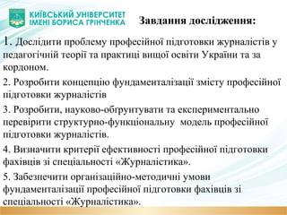 Завдання дослідження:
1. Дослідити проблему професійної підготовки журналістів у
педагогічній теорії та практиці вищої освіти України та за
кордоном.
2. Розробити концепцію фундаменталізації змісту професійної
підготовки журналістів
3. Розробити, науково-обґрунтувати та експериментально
перевірити структурно-функціональну модель професійної
підготовки журналістів.
4. Визначити критерії ефективності професійної підготовки
фахівців зі спеціальності «Журналістика».
5. Забезпечити організаційно-методичні умови
фундаменталізації професійної підготовки фахівців зі
спеціальності «Журналістика».
 