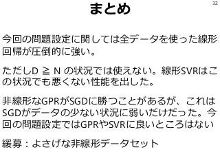 まとめ
今回の問題設定に関しては全データを使った線形
回帰が圧倒的に強い。
ただしD ≧ N の状況では使えない。線形SVRはこ
の状況でも悪くない性能を出した。
非線形なGPRがSGDに勝つことがあるが、これは
SGDがデータの少ない状況に弱いだけだった。今
回の問題設定ではGPRやSVRに良いところはない
緩募：よさげな非線形データセット
32
 