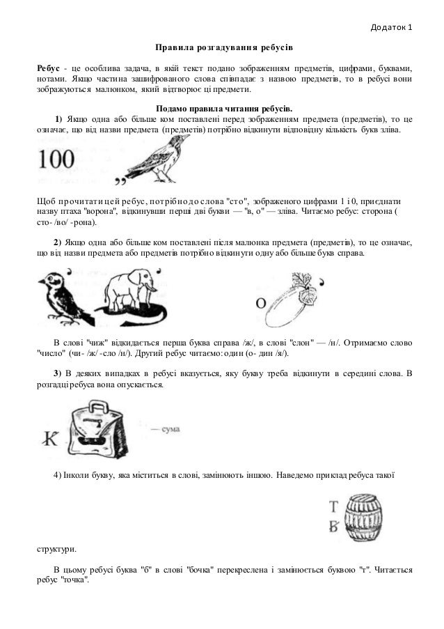 Додаток 1
Правила розгадування ребусів
Ребус - це особлива задача, в якій текст подано зображенням предметів, цифрами, бук...