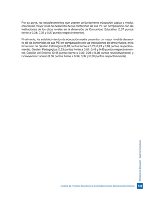 149«Análisis de Proyectos Educativos de los Establecimientos Educacionales Chilenos»
MinisteriodeEducación/GalernaConsultores
Por su parte, los establecimientos que poseen conjuntamente educación básica y media,
sólo tienen mayor nivel de desarrollo de los contenidos de sus PEI en comparación con las
instituciones de los otros niveles en la dimensión de Comunidad Educativa (0,37 puntos
frente a 0,34; 0,33 y 0,27 puntos respectivamente).
Finalmente, los establecimientos de educación media presentan un mayor nivel de desarro-
llo de los contenidos de sus PEI en comparación con las instituciones de otros niveles, en la
dimensión de Gestión Estratégica (0,78 puntos frente a 0,75; 0,73 y 0,69 puntos respectiva-
mente), Gestión Pedagógica (0,53 puntos frente a 0,51; 0,48 y 0,45 puntos respectivamen-
te), Gestión del Entorno (0,45 puntos frente a 0,39; 0,28 y 0,26 puntos respectivamente) y
Convivencia Escolar (0,36 puntos frente a 0,34; 0,32 y 0,28 puntos respectivamente).
 
