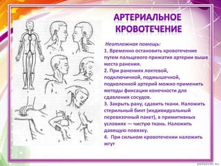 Неотложная помощь:
1. Временно остановить кровотечение
путем пальцевого прижатия артерии выше
места ранения.
2. При ранениях локтевой,
подключичной, подмышечной,
подколенной артерий можно применить
методы фиксации конечности для
сдавления сосудов.
3. Закрыть рану, сдавить ткани. Наложить
стерильный бинт (индивидуальный
перевязочный пакет), в примитивных
условиях — чистую ткань. Наложить
давящую повязку.
4. При сильном кровотечении наложить
жгут
 