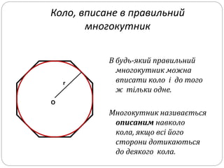 Коло, вписане в правильний
многокутник
В будь-який правильний
многокутник можна
вписати коло і до того
ж тільки одне.
Многокутник називається
описаним навколо
кола, якщо всі його
сторони дотикаються
до деякого кола.
О
r
 