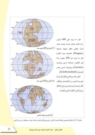 ‫تاريخية‬ ‫لمحة‬ ‫مع‬ ‫مقدمة‬ ‫أحياء‬‫ل‬‫ا‬ ‫علم‬ - ‫أول‬‫ل‬‫ا‬ ‫الف�صل‬11
‫مليون‬ 600 ‫على‬ ‫يزيد‬ ‫ما‬ ‫قبل‬
‫تمثل‬ ‫واحدة‬ ‫ياب�سة‬ ‫هناك‬ ‫كانت‬ ‫�سنة‬
‫بانجيا‬ ‫عليها‬ ‫اطلق‬ ‫عظمى‬ ‫قارة‬
‫القارة‬ ‫هذه‬ ‫انف�صلت‬ .)Pangaea(
‫�سنة‬ ‫مليون‬ 200 ‫عن‬ ‫يزيد‬ ‫ما‬ ‫قبل‬
‫لورا�سيا‬ ‫تدعى‬ ‫�شمالية‬ ،‫كتلتين‬ ‫إلى‬�
‫ار�ض‬ ‫تدعى‬ ‫وجنوبية‬ )Laurasia(
.)Gondwanaland( ‫كوندوانا‬
‫االر�ضية‬‫الكتل‬‫في‬‫حركة‬‫ذلك‬‫اعقب‬
‫وت�شكلت‬ ‫االنف�صال‬ ‫من‬ ‫المزيد‬ ‫عنه‬ ‫نتج‬
‫الت�شكل‬‫في‬‫وتدرجت‬‫جديدة‬‫ار�ضية‬‫كتل‬
.‫للقارات‬ ‫الحالي‬ ‫ال�شكل‬ ‫إلى‬� ً‫ال‬‫و�صو‬
. ‫أر�ض‬‫ل‬‫ا‬ ‫عمر‬ ‫من‬ ‫مختلفة‬ ‫فترات‬ ‫خالل‬ ‫القارية‬ ‫الكتل‬ ‫وتوزيع‬ ،‫االولى‬ ‫الياب�سة‬ ‫لكتلة‬ ‫التخميني‬ ‫ال�شكل‬ .)2-1( ‫�شكل‬
 