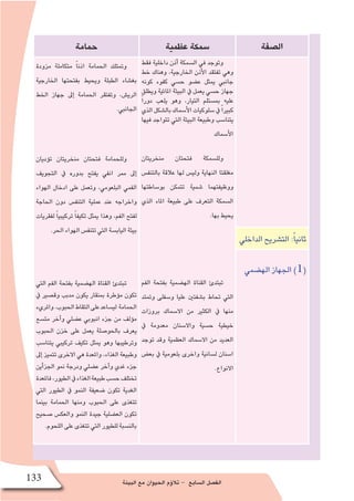 ‫البيئة‬ ‫مع‬ ‫الحيوان‬ ‫ؤم‬�‫تال‬ - ‫ال�سابع‬ ‫الف�صل‬133
‫ال�صفة‬‫عظمية‬‫�سمكة‬‫حمامة‬
‫فقط‬ ‫داخلية‬ ‫أذن‬� ‫ال�سمكة‬ ‫في‬ ‫وتوجد‬
‫خط‬ ‫وهناك‬ ،‫الخارجية‬ ‫أذن‬‫ل‬‫ا‬ ‫تفتقد‬ ‫وهي‬
‫كونه‬ ‫كفوء‬ ‫ح�سي‬ ‫ع�ضو‬ ‫يمثل‬ ‫جانبي‬
‫ويطلق‬ ‫املائية‬ ‫البيئة‬ ‫يف‬ ‫يعمل‬ ‫ح�سي‬ ‫جهاز‬
ً‫ا‬‫دور‬ ‫يلعب‬ ‫وهو‬ ،‫التيار‬ ‫مب�ستلم‬ ‫عليه‬
‫الذي‬‫بال�شكل‬‫أ�سماك‬‫ل‬‫ا‬‫�سلوكيات‬‫يف‬ ً‫ا‬‫كبري‬
‫فيها‬ ‫تتواجد‬ ‫التي‬ ‫البيئة‬ ‫وطبيعة‬ ‫يتنا�سب‬
‫أ�سماك‬‫ل‬‫ا‬
‫منخريتان‬ ‫فتحتان‬ ‫ولل�سمكة‬
‫بالتنف�س‬ ‫عالقة‬ ‫لها‬ ‫ولي�س‬ ‫النهاية‬ ‫مغلقتا‬
‫بو�ساطتها‬ ‫تتمكن‬ ‫�شمية‬ ‫ووظيفتهما‬
‫الذي‬ ‫املاء‬ ‫طبيعة‬ ‫على‬ ‫التعرف‬ ‫ال�سمكة‬
.‫بها‬‫يحيط‬
‫الفم‬ ‫بفتحة‬ ‫اله�ضمية‬ ‫القناة‬ ‫تبتدئ‬
‫ومتتد‬ ‫و�سفلى‬ ‫عليا‬ ‫ب�شفتني‬ ‫حتاط‬ ‫التي‬
‫بروزات‬ ‫اال�سماك‬ ‫من‬ ‫الكثري‬ ‫يف‬ ‫منها‬
‫يف‬ ‫معدومة‬ ‫واال�سنان‬ ‫ح�سية‬ ‫خيطية‬
‫توجد‬ ‫وقد‬ ‫العظمية‬ ‫اال�سماك‬ ‫من‬ ‫العديد‬
‫بع�ض‬ ‫يف‬ ‫بلعومية‬ ‫واخرى‬ ‫ل�سانية‬ ‫ا�سنان‬
.‫االنواع‬
‫مزودة‬ ‫متكاملة‬ ً‫ا‬‫اذن‬ ‫احلمامة‬ ‫ومتتلك‬
‫اخلارجية‬ ‫بفتحتها‬ ‫ويحيط‬ ‫الطبلة‬ ‫بغ�شاء‬
‫اخلط‬ ‫جهاز‬ ‫إىل‬� ‫احلمامة‬ ‫وتفتقر‬ ،‫الري�ش‬
.‫اجلانبي‬
‫ؤديان‬�‫ت‬ ‫منخريتان‬ ‫فتحتان‬ ‫وللحمامة‬
‫التجويف‬ ‫يف‬ ‫بدوره‬ ‫يفتح‬ ‫انفي‬ ‫ممر‬ ‫إىل‬�
‫الهواء‬ ‫ادخال‬ ‫على‬ ‫وتعمل‬ ،‫البلعومي‬ ‫الفمي‬
‫احلاجة‬ ‫دون‬ ‫التنف�س‬ ‫عملية‬ ‫عند‬ ‫واخراجه‬
‫لفقريات‬ ً‫ا‬‫تركيبي‬ ً‫ا‬‫تكيف‬ ‫ميثل‬ ‫وهذا‬ ،‫الفم‬ ‫لفتح‬
.‫احلر‬‫الهواء‬‫تتنف�س‬‫التي‬‫الياب�سة‬‫بيئة‬
‫التي‬ ‫الفم‬ ‫بفتحة‬ ‫اله�ضمية‬ ‫القناة‬ ‫تبتدئ‬
‫يف‬ ‫وق�صري‬ ‫مدبب‬ ‫يكون‬ ‫مبنقار‬ ‫ؤطرة‬�‫م‬ ‫تكون‬
‫واملريء‬.‫احلبوب‬‫التقاط‬‫على‬‫لي�ساعد‬ ‫احلمامة‬
‫مت�سع‬ ‫آخر‬�‫و‬ ‫ع�ضلي‬ ‫انبوبي‬ ‫جزء‬ ‫من‬ ‫ؤلف‬�‫م‬
‫احلبوب‬ ‫خزن‬ ‫على‬ ‫يعمل‬ ‫باحلو�صلة‬ ‫يعرف‬
‫يتنا�سب‬ ‫تركيبي‬ ‫تكيف‬ ‫ميثل‬ ‫وهو‬ ‫وترطيبها‬
‫إىل‬� ‫تتميز‬ ‫االخرى‬ ‫هي‬ ‫واملعدة‬ ،‫الغذاء‬ ‫وطبيعة‬
‫أين‬�‫اجلز‬ ‫منو‬ ‫ودرجة‬ ‫ع�ضلي‬ ‫آخر‬�‫و‬ ‫غدي‬ ‫جزء‬
‫فاملعدة‬،‫الطيور‬‫يف‬‫الغذاء‬‫طبيعة‬‫ح�سب‬‫تختلف‬
‫التي‬ ‫الطيور‬ ‫يف‬ ‫النمو‬ ‫�ضعيفة‬ ‫تكون‬ ‫الغدية‬
‫بينما‬ ‫احلمامة‬ ‫ومنها‬ ‫احلبوب‬ ‫على‬ ‫تتغذى‬
‫�صحيح‬ ‫والعك�س‬ ‫النمو‬ ‫جيدة‬ ‫الع�ضلية‬ ‫تكون‬
.‫اللحوم‬‫على‬‫تتغذى‬‫التي‬‫للطيور‬‫بالن�سبة‬
‫الداخلي‬‫الت�شريح‬:ً‫ا‬‫ثاني‬
‫اله�ضمي‬‫الجهاز‬)1(
 