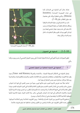‫البيئي‬ ‫والتعاقب‬ ‫وال�سلوك‬ ‫الحية‬ ‫الكائنات‬ ‫بين‬ ‫العالقات‬ - ‫العا�شر‬ ‫الف�صل‬ 176
‫كما‬ ‫النباتات‬ ‫في‬ ‫لل�سلوك‬ ‫آخر‬� ‫مثال‬ ‫هناك‬
Sensitive( ‫الح�سا�سة‬ ‫الميمو�سة‬ ‫نبات‬ ‫في‬
،‫بع�ضها‬ ‫على‬ ‫اوراقه‬ ‫تنطبق‬ ‫والذي‬ )Mimosa
.)7-10( ‫�شكل‬ .‫الظالم‬ ‫حلول‬ ‫عند‬
‫الراقية‬‫النباتات‬‫�سلوك‬‫إلىان‬�‫اال�شارة‬‫من‬‫البد‬
‫و�سبب‬‫الحيوانات‬‫�سلوك‬‫من‬ً‫ا‬‫تعقيد‬‫اقل‬‫عام‬‫وب�شكل‬
‫ومن‬ ‫فيها‬ ‫ع�صبي‬ ‫جهاز‬ ‫وجود‬ ‫عدم‬ ‫إلى‬� ‫يعود‬ ‫ذلك‬
‫داخل‬ ‫المعلومات‬ ‫بنقل‬ ‫تقوم‬ ‫الهورمونات‬ ‫فان‬ ‫ثم‬
.‫ببطء‬ ‫ولكن‬ ‫النبات‬ ‫ج�سم‬
‫الحيوان‬ ‫في‬ ‫ال�سلوك‬ .2-2-10
‫وكما‬ ‫وجوده‬ ‫عدم‬ ‫أو‬� ‫الع�صبي‬ ‫الجهاز‬ ‫وجود‬ ‫على‬ً‫ا‬‫اعتماد‬ ‫ال�سلوك‬ ‫انماط‬ ‫في‬ً‫ا‬‫كبير‬ ً‫ا‬‫تنوع‬ ‫الحيوانات‬ ‫تظهر‬
:‫أتي‬�‫ي‬
‫الع�صبي‬ ‫الجهاز‬ ‫من‬ ‫الخالية‬ ‫االحياء‬ ‫في‬ ‫ال�سلوك‬ 1
‫حيث‬ )Taxes and Kineses( ‫والحركة‬ ‫باالنتحاء‬ ، ‫للحياة‬ ‫الب�سيطة‬ ‫اال�شكال‬ ‫في‬ ‫ال�سلوك‬ ‫يتمثل‬
‫والجاذبية‬‫والكيميائيات‬‫والحرارة‬‫لل�ضوء‬‫الكائنات‬‫هذه‬‫فت�ستجيب‬‫مختلفتان‬‫ميكانيكيتان‬‫التوجه‬‫هذا‬‫يقود‬
. ‫عنه‬ ً‫ا‬‫بعيد‬ ‫أو‬� ‫الحافز‬ ‫م�صدر‬ ‫نحو‬ ‫مبا�شرة‬ ‫حركات‬ ‫بو�ساطة‬
‫انجذاب‬ ‫ذات‬ ‫انها‬ ‫أي‬� ‫ال�ضوء‬ ‫م�صدر‬ ‫عن‬ ً‫ا‬‫بعيد‬ ‫تهرب‬ ‫أنها‬�‫ف‬ ‫�شديد‬ ‫ل�ضوء‬ ‫االميبا‬ ‫تعر�ض‬ ‫عند‬ ً‫ال‬‫مث‬ ‫أخذ‬�‫لن‬
‫بينما‬ ‫لل�ضوء‬ ‫المواجه‬ ‫الجزء‬ ‫في‬ ‫الكاذبة‬ ‫االقدام‬ ‫تكوين‬ ‫يمنع‬ ‫ال�شديد‬ ‫ال�ضوء‬ ‫ان‬ ‫ذلك‬ ‫في‬ ‫وال�سبب‬ ‫�سالب‬ ‫�ضوئي‬
‫أنها‬�‫ف‬ ‫االميبا‬ ‫جهات‬ ‫احدى‬ ‫من‬ ‫بالقرب‬ ‫كيميائية‬ ‫مادة‬ ‫و�ضعت‬ ‫واذا‬ .‫المعاك�سة‬ ‫الجهة‬ ‫في‬ ‫كاذبة‬ ‫اقدام‬ ‫تتكون‬
‫أنها‬�‫ف‬ ‫لالمبيا‬ ‫مفيدة‬ ‫المواد‬ ‫كانت‬ ‫واذا‬ .‫�سالب‬ ‫كيميائي‬ ‫انجذاب‬ ‫ذات‬ ‫انها‬ ‫أي‬� ‫المعاك�س‬ ‫باالتجاه‬ ‫تتحرك‬
.)‫موجب‬ ‫(انجذاب‬ ‫هناك‬ ‫ان‬ ‫يعني‬ ‫وته�ضمها‬ ‫الكاذبة‬ ‫أقدامها‬�‫ب‬ ‫تحيطها‬
.‫لحياتها‬ ‫المالئمة‬ ‫وغير‬ ‫المالئمة‬ ‫الظروف‬ ‫وبين‬ ، ‫والنافعة‬ ‫ال�ضارة‬ ‫المواد‬ ‫بين‬ ‫التمييز‬ ‫االميبا‬ ‫ت�ستطيع‬
.‫مالئمة‬ ‫ظروف‬ ‫توفر‬ ‫عند‬ ‫ن�شاطها‬ ‫وتعاود‬ ‫الكي�س‬ ‫من‬ ‫وتتحرر‬ ‫مالئمة‬ ‫غير‬ ‫الظروف‬ ‫تكون‬ ‫عندما‬ ‫فتتكي�س‬
‫الح�سا�سة‬ ‫الميمو�سة‬ ‫نبات‬ )7-10( ‫�شكل‬
 