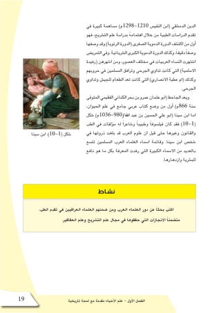 ‫تاريخية‬ ‫لمحة‬ ‫مع‬ ‫مقدمة‬ ‫أحياء‬‫ل‬‫ا‬ ‫علم‬ - ‫أول‬‫ل‬‫ا‬ ‫الف�صل‬19
‫في‬ ‫كبيرة‬ ‫م�ساهمة‬ )‫0121-8921م‬ ‫النفي�س‬ ‫(ابن‬ ‫الدم�شقي‬ ‫الدين‬
‫فهو‬ ،‫الت�شريح‬ ‫علم‬ ‫بدرا�سة‬ ُ‫ه‬‫اهتمام‬ ‫خالل‬ ‫من‬ ‫الطبية‬ ‫الدرا�سات‬ ‫تقدم‬
‫و�صفها‬‫وقد‬)‫الرئوية‬‫(الدورة‬‫ال�صغرى‬‫الدموية‬‫الدورة‬‫اكت�شف‬‫من‬‫أول‬�
‫التمري�ض‬‫وفي‬.‫ال�شريانية‬‫الكبرى‬‫الدموية‬‫الدورة‬‫وكذلك‬،ً‫ا‬‫دقيق‬ً‫ا‬‫و�صف‬
‫(رفيدة‬ ‫ا�شهرهن‬ ‫ومن‬ ،‫الع�صور‬ ‫مختلف‬ ‫في‬ ‫العربيات‬ ‫الن�ساء‬ ‫ا�شتهرت‬
‫حروبهم‬ ‫في‬ ‫الم�سلمين‬ ‫وترافق‬ ‫الجرحى‬ ‫تداوي‬ ‫كانت‬ ‫التي‬ )‫اال�سلمية‬
‫وتداوي‬ ‫للجي�ش‬ ‫الطعام‬ ‫تعد‬ ‫كانت‬ ‫التي‬ )‫االن�صاري‬ ‫عطية‬ ‫(ام‬ ‫وكذلك‬
.‫الجرحى‬
‫المتوفى‬‫الفقيمي‬‫الكناني‬‫بحر‬‫بن‬‫عمرو‬‫عثمان‬‫(ابو‬‫الجاحظ‬‫ويعد‬
،‫الحيوان‬ ‫علم‬ ‫في‬ ‫جامع‬ ‫عربي‬ ‫كتاب‬ ‫و�ضع‬ ‫من‬ ‫أول‬� )‫668م‬ ‫�سنة‬
‫�شكل‬ )‫اهلل/089-6301م‬ ‫عبد‬ ‫بن‬ ‫الح�سين‬ ‫علي‬ ‫(ابو‬ ‫�سينا‬ ‫ابن‬ ‫اما‬
‫الطب‬ ‫في‬ ‫ؤلفات‬�‫م‬ ‫له‬ ً‫ا‬‫و�شاعر‬ ً‫ا‬‫وطبيب‬ ً‫ا‬‫فيل�سوف‬ ‫كان‬ ‫فقد‬ )10-1(
‫في‬ ‫ذروتها‬ ‫بلغت‬ ‫قد‬ ‫العرب‬ ‫علوم‬ ‫ان‬ ‫قيل‬ ‫حتى‬ ‫وغيرها‬ ‫والقانون‬
‫تت�سع‬ ‫الم�سلمين‬ ‫العرب‬ ‫العلماء‬ ‫ا�سماء‬ ‫وقائمة‬ .‫�سينا‬ ‫ابن‬ ‫�شخ�ص‬
‫نافع‬ ‫هو‬ ‫ما‬ ‫بكل‬ ‫المعرفة‬ ‫رفدت‬ ‫التي‬ ‫الكبيرة‬ ‫اال�سماء‬ ‫من‬ ‫بالعديد‬
.‫وازدهارها‬ ‫للب�شرية‬
،‫الطب‬ ‫تقدم‬ ‫في‬ ‫العراقيين‬ ‫العلماء‬ ‫�ضمنهم‬ ‫ومن‬ ‫العرب‬ ‫العلماء‬ ‫دور‬ ‫عن‬ ً‫ا‬‫بحث‬ ‫اكتب‬
.‫العقاقير‬ ‫وعلم‬ ‫الت�شريح‬ ‫علم‬ ‫مجال‬ ‫في‬ ‫حققوها‬ ‫التي‬ ‫االنجازات‬ ً‫ا‬‫مت�ضمن‬
‫�سينا‬ ‫ابن‬ .)10-1( ‫�شكل‬
‫نشاط‬
 