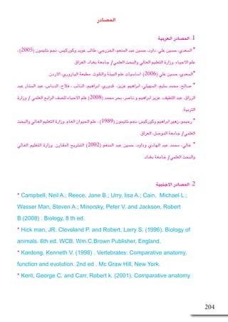 204
‫الم�صادر‬
‫العربية‬ ‫الم�صادر‬ .1
، )2005( ‫�شليمون‬ ‫نجم‬ ،‫وكوركي�س‬ ‫عويد‬ ‫طالب‬ ،‫الخزرجي‬ ،‫المنعم‬ ‫عبد‬ ‫ح�سين‬ ،‫داود‬ ،‫علي‬ ‫ح�سين‬ ،‫ال�سعدي‬ *
.‫العراق‬ .‫بغداد‬ ‫جامعة‬ /‫العلمي‬ ‫والبحث‬ ‫العالي‬ ‫التعليم‬ ‫وزارة‬ .‫االحياء‬ ‫علم‬
.‫االردن‬ ،‫اليازوري‬ ‫مطبعة‬ .‫والتلوث‬ ‫البيئة‬ ‫علم‬ ‫ا�سا�سيات‬ .)2006( ‫علي‬ ‫ح�سين‬ ،‫*ال�سعدي‬
‫عبد‬ ‫ال�ستار‬ ‫عبد‬ ،‫الدبا�س‬ ،‫فالح‬ ، ‫النائب‬ ،‫ابراهيم‬ ،‫قدوري‬ ،‫عزيز‬ ‫ابراهيم‬ ،‫ال�سهيلي‬ ،‫�سليم‬ ‫محمد‬ ،‫�صالح‬ *
‫وزارة‬ / ‫العلمي‬ ‫الرابع‬ ‫لل�صف‬ ‫االحياء‬ ‫علم‬ )2008( ‫محمد‬ ‫بحر‬ ،‫نا�صر‬ ‫و‬ ‫ابراهيم‬ ‫عزيز‬ ،‫اللطيف‬ ‫عبد‬ ،‫الرزاق‬
.‫التربية‬
‫والبحث‬‫العالي‬‫التعليم‬‫وزارة‬.‫العام‬‫الحيوان‬‫علم‬ ، )1989(‫�شليمون‬‫نجم‬،‫وكوركي�س‬‫ابراهيم‬‫زهير‬،‫رحيمو‬*
.‫العراق‬ ،‫المو�صل‬ ‫جامعة‬ /‫العلمي‬
‫العالي‬ ‫التعليم‬ ‫وزارة‬ .‫المقارن‬ ‫الت�شريح‬ )2002( ‫المنعم‬ ‫عبد‬ ‫ح�سين‬ ،‫وداود‬ ‫الهادي‬ ‫عبد‬ ‫محمد‬ ،‫غالي‬ *
.‫بغداد‬ ‫جامعة‬ /‫العلمي‬ ‫والبحث‬
‫االجنبية‬ ‫الم�صادر‬ .2
* Campbell, Neil A.; Reece, Jane B.; Urry, lisa A.; Cain, Michael L.;
Wasser Man, Steven A.; Minorsky, Peter V. and Jackson, Robert
B.(2008) . Biology, 8 th ed.
* Hick man, JR. Cleveland P. and Robert, Larry S. (1996). Biology of
animals. 6th ed. WCB. Wm.C.Brown Publisher, England.
* Kardong, Kenneth V. (1998) . Vertebrates: Comparative anatomy,
function and evolution. 2nd ed . Mc Graw Hill, New York.
* Kent, George C. and Carr, Robert k. (2001). Comparative anatomy
 