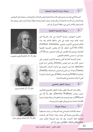 ‫الحية‬ ‫الكائنات‬ ‫ت�صنيف‬ - ‫الثاني‬ ‫الف�صل‬ 24
‫المحلية‬ ‫االحياء‬ ‫درا�سة‬ ‫مرحلة‬ 2
‫المهتمون‬‫�شعر‬‫وبعدها‬.‫والحيوانات‬‫النباتات‬‫لبع�ض‬‫المحلية‬‫اال�سماء‬‫بع�ض‬‫و�ضع‬‫ت�ضمنت‬‫التي‬‫المرحلة‬
‫هذا‬ ‫ويتغير‬ ،‫معين‬ ‫بلد‬ ‫أو‬� ‫معينة‬ ‫بمنطقة‬ ‫ترتبط‬ ‫النها‬ ‫ت�ستمر‬ ‫ان‬ ‫لها‬ ‫يمكن‬ ‫ال‬ ‫المحلية‬ ‫اال�سماء‬ ‫أن‬�‫ب‬ ‫المجال‬ ‫بهذا‬
.‫آخر‬� ٍ‫د‬‫بل‬ ‫أو‬� ‫أخرى‬� ‫منطقة‬ ‫في‬ ‫الحي‬ ‫الكائن‬ ‫لنف�س‬ ‫اال�سم‬
‫العلمية‬ ‫الت�سمية‬ ‫مرحلة‬ 3
‫إلى‬� ‫المرحلة‬ ‫هذه‬ ‫في‬ ‫االحياء‬ ‫بت�سمية‬ ‫المهتمون‬ ‫اهتدى‬
‫جاء‬ ‫وقد‬ .‫العالم‬ ‫مناطق‬ ‫�شتى‬ ‫في‬ ‫عتمد‬ُ‫ي‬ ‫موحد‬ ‫نظام‬ ‫ايجاد‬
)Carlous Linnaeus( ‫لينيو�س‬ ‫كارلو�س‬ ‫ال�سويدي‬ ‫العالم‬
‫العلمية‬ ‫الت�سمية‬ ‫بقانون‬ )1-2( ‫ال�شكل‬ ،)‫(7071-8771م‬
‫8571م‬ ‫عام‬ ‫المن�شور‬ ‫كتابه‬ ‫في‬ ‫القانون‬ ‫هذا‬ ‫واو�ضح‬ ،‫الثنائية‬
.‫الطبيعي‬ ‫بالنظام‬ ‫ي�سمى‬ ‫ما‬ ‫اورد‬ ‫حيث‬
‫على‬ ‫لينيو�س‬ ‫كارلو�س‬ ‫و�ضعها‬ ‫التي‬ ‫الثنائية‬ ‫الت�سمية‬ ‫ت�شمل‬
‫النوع‬ ‫ا�سم‬ ‫والثاني‬ )Genus( ‫الجن�س‬ ‫ا�سم‬ ‫هو‬ ‫أول‬‫ل‬‫ا‬ ‫ا�سمين‬
‫الت�صنيفية‬ ‫المراتب‬ ‫قانونه‬ ‫في‬ ‫لينيو�س‬ ‫اورد‬ ‫كما‬ .)species(
)Family( ‫العائلة‬ ‫ثم‬ ‫الجن�س‬ ‫ثم‬ ‫النوع‬ ‫من‬ ً‫ا‬‫ابتداء‬ )Taxon(
‫الرئي�سة‬ ‫المراتب‬ ‫وهي‬ ،)Class( ‫ال�صنف‬ ‫ثم‬ )Order( ‫الرتبة‬ ‫ثم‬
.‫االحياء‬ ‫تق�سيم‬ ‫في‬ ‫ت�ستخدم‬ ‫تزال‬ ‫ال‬ ‫التي‬
‫الع�ضوي‬ ‫التطور‬ ‫مرحلة‬ 4
‫للعالمين‬ ‫الع�ضوي‬ ‫التطور‬ ‫نظرية‬ ‫ظهور‬ ‫المرحلة‬ ‫هذه‬ ‫رافقت‬
‫في‬ ،)2-2( ‫�شكل‬ ،)Darwin-Wallace( ‫ووال�س‬ ‫دارون‬
ً‫ا‬‫م�ستمر‬ً‫ا‬‫تغير‬‫هناك‬‫ان‬‫النظرية‬‫هذه‬‫او�ضحت‬‫حيث‬،‫8581م‬‫العام‬
. .‫جديدة‬ ‫انواع‬ ‫ظهور‬ ‫إلى‬� ‫ؤدي‬�‫ي‬ ‫بما‬ ‫الحية‬ ‫للكائنات‬
‫الوراثة‬ ‫مرحلة‬ 5
‫ت�صنيفية‬ ‫مراتب‬ ‫من‬ ‫المرحلة‬ ‫هذه‬ ‫في‬ ‫الحية‬ ‫الكائنات‬ ‫�صنفت‬
‫ال�صفات‬ ‫إلى‬� ً‫ا‬‫ا�ستناد‬ ،‫عليا‬ ‫مراتب‬ ‫إلى‬� ً‫ال‬‫و�صو‬ ‫وبالتدريج‬ ‫دنيا‬
‫مندل‬ ‫العالم‬ ‫المرحلة‬ ‫هذه‬ ‫قاد‬ ‫وقد‬ ،‫االحياء‬ ‫لتلك‬ ‫الوراثية‬
.)3-2( ‫�شكل‬ .)‫(2281-4881م‬ )Mendel(
‫لينيو�س‬ ‫كارلو�س‬ ‫العالم‬ .)1-2( ‫�شكل‬
‫مندل‬ ‫غريغور‬ ‫العالم‬ .)3-2( ‫�شكل‬
‫داروين‬ ‫العالم‬ .)2-2( ‫�شكل‬
 