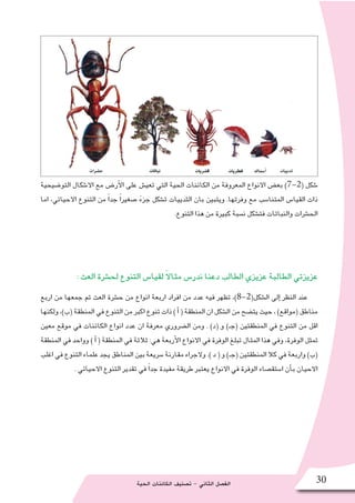 ‫الحية‬ ‫الكائنات‬ ‫ت�صنيف‬ - ‫الثاني‬ ‫الف�صل‬ 30
‫التو�ضيحية‬ ‫اال�شكال‬ ‫مع‬ ‫أر�ض‬‫ل‬‫ا‬ ‫على‬ ‫تعي�ش‬ ‫التي‬ ‫الحية‬ ‫الكائنات‬ ‫من‬ ‫المعروفة‬ ‫االنواع‬ ‫بع�ض‬ )7-2( ‫�شكل‬
‫اما‬ ،‫االحيائي‬ ‫التنوع‬ ‫من‬ ً‫ا‬‫جد‬ ً‫ا‬‫�صغير‬ ً‫جزء‬ ‫ت�شكل‬ ‫الثدييات‬ ‫بان‬ ‫ويتبين‬ .‫وفرتها‬ ‫مع‬ ‫المتنا�سب‬ ‫القيا�س‬ ‫ذات‬
.‫التنوع‬ ‫هذا‬ ‫من‬ ‫كبيرة‬ ‫ن�سبة‬ ‫فت�شكل‬ ‫والنباتات‬ ‫الح�شرات‬
: ‫العث‬ ‫لح�شرة‬ ‫التنوع‬ ‫لقيا�س‬ ً‫ال‬‫مثا‬ ‫ندر�س‬ ‫دعنا‬ ‫الطالب‬ ‫عزيزي‬ ‫الطالبة‬ ‫عزيزتي‬
‫اربع‬ ‫من‬ ‫جمعها‬ ‫تم‬ ‫العث‬ ‫ح�شرة‬ ‫من‬ ‫انواع‬ ‫اربعة‬ ‫افراد‬ ‫من‬ ‫عدد‬ ‫فيه‬ ‫تظهر‬ ،)8-2(‫ال�شكل‬ ‫إلى‬� ‫النظر‬ ‫عند‬
‫ولكنها‬ ،)‫(ب‬ ‫المنطقة‬ ‫في‬ ‫التنوع‬ ‫من‬ ‫اكبر‬ ‫تنوع‬ ‫ذات‬ ) ‫أ‬� ( ‫المنطقة‬ ‫ان‬ ‫ال�شكل‬ ‫من‬ ‫يت�ضح‬ ‫حيث‬ ، )‫(مواقع‬ ‫مناطق‬
‫معين‬ ‫موقع‬ ‫في‬ ‫الكائنات‬ ‫انواع‬ ‫عدد‬ ‫ان‬ ‫معرفة‬ ‫ال�ضروري‬ ‫ومن‬ . )‫(د‬ ‫و‬ )‫(جـ‬ ‫المنطقتين‬ ‫في‬ ‫التنوع‬ ‫من‬ ‫اقل‬
‫المنطقة‬ ‫في‬ ‫وواحد‬ ) ‫أ‬� ( ‫المنطقة‬ ‫في‬ ‫ثالثة‬ :‫هي‬ ‫أربعة‬‫ل‬‫ا‬ ‫االنواع‬ ‫في‬ ‫الوفرة‬ ‫تبلغ‬ ‫المثال‬ ‫هذا‬ ‫وفي‬ ،‫الوفرة‬ ‫تمثل‬
‫اغلب‬‫في‬ ‫التنوع‬‫علماء‬‫يجد‬ ‫المناطق‬‫بين‬‫�سريعة‬‫مقارنة‬ ‫والجراء‬.)‫د‬ (‫و‬ )‫(جـ‬‫المنطقتين‬‫كال‬ ‫في‬‫واربعة‬)‫(ب‬
. ‫االحيائي‬ ‫التنوع‬ ‫تقدير‬ ‫في‬ ً‫ا‬‫جد‬ ‫مفيدة‬ ‫طريقة‬ ‫يعتبر‬ ‫االنواع‬ ‫في‬ ‫الوفرة‬ ‫ا�ستق�صاء‬ ‫أن‬�‫ب‬ ‫االحيان‬
 