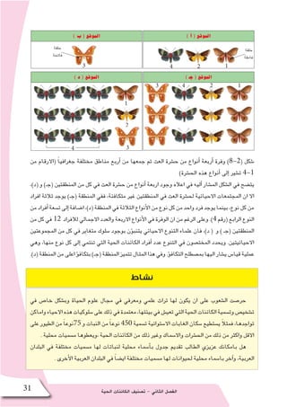‫الحية‬ ‫الكائنات‬ ‫ت�صنيف‬ - ‫الثاني‬ ‫الف�صل‬31
‫نشاط‬
‫من‬ ‫(االرقام‬ ً‫ا‬‫جغرافي‬ ‫مختلفة‬ ‫مناطق‬ ‫أربع‬� ‫من‬ ‫جمعها‬ ‫تم‬ ‫العث‬ ‫ح�شرة‬ ‫من‬ ‫أنواع‬� ‫أربعة‬� ‫وفرة‬ )8-2( ‫�شكل‬
)‫الح�شرة‬ ‫هذه‬ ‫أنواع‬� ‫إلى‬� ‫ت�شير‬ 4-1
،)‫(د‬ ‫و‬ )‫(جـ‬ ‫المنطقتين‬ ‫من‬ ‫كل‬ ‫في‬ ‫العث‬ ‫ح�شرة‬ ‫من‬ ‫أنواع‬� ‫اربعة‬ ‫وجود‬ ‫اعاله‬ ‫في‬ ‫أليه‬� ‫الم�شار‬ ‫ال�شكل‬ ‫في‬ ‫يت�ضح‬
‫افراد‬ ‫ثالثة‬ ‫يوجد‬ )‫(جـ‬ ‫المنطقة‬ ‫ففي‬ ،‫متكافئة‬ ‫غير‬ ‫المنطقتين‬ ‫في‬ ‫العث‬ ‫لح�شرة‬ ‫االحيائية‬ ‫المجتمعات‬ ‫ان‬ ‫اال‬
‫من‬‫أفراد‬�‫ت�سعة‬‫إلى‬�‫ا�ضافة‬،)‫(د‬‫المنطقة‬‫في‬‫الثالثة‬‫أنواع‬‫ل‬‫ا‬‫من‬‫نوع‬‫كل‬‫من‬‫واحد‬‫فرد‬‫يوجد‬‫بينما‬،‫نوع‬‫كل‬‫من‬
‫من‬‫كل‬‫في‬ 12 ‫لالفراد‬‫االجمالي‬‫والعدد‬‫االربعة‬‫أنواع‬‫ل‬‫ا‬‫في‬‫الوفرة‬‫ان‬‫من‬‫الرغم‬‫وعلى‬.)4‫(رقم‬‫الرابع‬‫النوع‬
‫المجموعتين‬ ‫من‬ ‫كل‬ ‫في‬ ‫متغاير‬ ‫�سلوك‬ ‫بوجود‬ ‫ؤن‬�‫يتنب‬ ‫االحيائي‬ ‫التنوع‬ ‫علماء‬ ‫فان‬ ،)‫د‬ ( ‫و‬ ) ‫(جـ‬ ‫المنطقتين‬
‫وهي‬ ،‫منها‬ ‫نوع‬ ‫كل‬ ‫إلى‬� ‫تنتمي‬ ‫التي‬ ‫الحية‬ ‫الكائنات‬ ‫أفراد‬� ‫عدد‬ ‫التنوع‬ ‫في‬ ‫المخت�صون‬ ‫ويحدد‬ .‫االحيائيتين‬
.)‫(د‬‫المنطقة‬‫من‬‫اعلى‬‫ؤ‬�‫بتكاف‬)‫(جـ‬‫المنطقة‬‫تتميز‬‫المثال‬‫هذا‬‫وفي‬.‫ؤ‬�‫التكاف‬‫بم�صطلح‬‫اليها‬‫ي�شار‬‫قيا�س‬‫عملية‬
‫في‬ ‫خا�ص‬ ‫وب�شكل‬ ‫الحياة‬ ‫علوم‬ ‫مجال‬ ‫في‬ ‫ومعرفي‬ ‫علمي‬ ‫تراث‬ ‫لها‬ ‫يكون‬ ‫ان‬ ‫على‬ ‫ال�شعوب‬ ‫حر�صت‬
‫واماكن‬‫االحياء‬‫هذه‬‫�سلوكيات‬‫على‬‫ذلك‬‫في‬‫معتمدة‬،‫بيئتها‬‫في‬‫تعي�ش‬‫التي‬‫الحية‬‫الكائنات‬‫وت�سمية‬‫ت�شخي�ص‬
‫على‬ ‫الطيور‬ ‫من‬ ً‫ا‬‫57نوع‬ ‫و‬ ‫النبات‬ ‫من‬ ً‫ا‬‫نوع‬ 450 ‫ت�سمية‬ ‫اال�ستوائية‬ ‫الغابات‬ ‫�سكان‬ ‫ي�ستطيع‬ ً‫ال‬‫فمث‬ ،‫تواجدها‬
. ‫محلية‬ ‫م�سميات‬ ‫،ويعطوها‬ ‫الحية‬ ‫الكائنات‬ ‫من‬ ‫ذلك‬ ‫وغير‬ ‫واال�سماك‬ ‫الح�شرات‬ ‫من‬ ‫ذلك‬ ‫من‬ ‫واكثر‬ ‫االقل‬
‫البلدان‬ ‫في‬ ‫مختلفة‬ ‫م�سميات‬ ‫لها‬ ‫لنباتات‬ ‫محلية‬ ‫أ�سماء‬�‫ب‬ ‫جدول‬ ‫تقديم‬ ‫الطالب‬ ‫عزيزي‬ ‫بامكانك‬ ‫هل‬
. ‫أخرى‬‫ل‬‫ا‬ ‫العربية‬ ‫البلدان‬ ‫في‬ ً‫ا‬‫اي�ض‬ ‫مختلفة‬ ‫م�سميات‬ ‫لها‬ ‫لحيوانات‬ ‫محلية‬ ‫با�سماء‬ ‫آخر‬�‫و‬ ،‫العربية‬
)‫د‬(‫الموقع‬
)‫ب‬(‫الموقع‬ )‫أ‬�(‫الموقع‬
)‫جـ‬(‫الموقع‬
1
1
1
2
2
2
3
3
4
4
4
‫حلقة‬
‫غامقة‬
‫حلقة‬
‫فاتحة‬
3
 