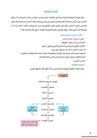 ‫إجراء‬�‫ب‬ ‫آخرون‬� ‫علماء‬ ‫يقوم‬
‫افعال‬‫ردود‬‫وتكوين‬‫تجارب‬
‫يرف�ض‬
‫الفر�ض‬‫ويعدل‬
ً‫ا‬‫فر�ض‬
ً‫ا‬‫ا�ضافي‬
:‫المتميز‬‫العالم‬‫�سلوكيات‬‫اقتفي‬
.‫الطبيعة‬‫عجائب‬‫بدرا�سة‬‫االهتمام‬-
.‫آرائهم‬� ‫وقبول‬‫آخرين‬‫ل‬‫ل‬‫اال�ستماع‬‫في‬‫والرغبة‬‫العقلي‬‫االنفتاح‬-
.‫جديد‬‫دليل‬‫مواجهة‬‫عند‬‫آرائه‬�‫لتعديل‬‫اال�ستعداد‬-
.‫التغيرات‬‫او‬‫المالحظات‬‫�صحة‬‫إثبات‬‫ل‬ ‫والمعلومات‬‫البيانات‬‫عن‬‫البحث‬‫عند‬‫المحايد‬‫ال�سلوك‬-
.‫لال�ستنتاجات‬‫الت�سرع‬‫وعدم‬‫إبداعية‬�‫حلول‬‫واليجاد‬‫لالبتكار‬‫الميل‬-
.‫آخرين‬‫ل‬‫ا‬‫احترام‬-
:‫العلمية‬‫العملية‬
.‫العلمي‬‫المنهج‬‫عليه‬‫يطلق‬ ً‫ال‬‫مدخ‬‫في�ستخدمون‬‫منهجية‬‫بطريقة‬‫العلماء‬‫يعمل‬
‫العلماء‬
‫المالحظات‬‫بت�سجيل‬‫يقومون‬
‫المعلومات‬‫يجمعون‬
‫الم�شكلة‬‫يحددون‬
‫الفرو�ض‬‫ي�ضعون‬
‫التجارب‬‫ي�صححون‬
‫ا�ستنتاجات‬‫يقدمون‬
‫عند‬‫عليها‬‫ؤكدون‬�‫وي‬
‫النظرية‬‫يقدمون‬
ً‫ا‬‫متميز‬ ً‫ا‬‫عالم‬‫تكون‬‫ولكي‬
‫لق‬ ُ‫خ‬ ‫ان‬ ‫منذ‬ ‫المعرفة‬ ‫م�صادر‬ ‫من‬ً‫ا‬‫مهم‬ ً‫ا‬‫وم�صدر‬ ‫الحية‬ ‫الكائنات‬ ‫في‬ ً‫ال‬‫مذه‬ً‫ا‬‫تنوع‬ ‫بنا‬ ‫المحيطة‬ ‫البيئة‬ ‫تمثل‬
‫تطور‬‫وقد‬‫وازدهارها‬‫إن�سان‬‫ل‬‫ا‬‫حياة‬‫نوعية‬‫تح�سين‬‫في‬‫الرئي�سي‬‫العامل‬‫العلم‬‫عد‬ُ‫ي‬‫حيث‬‫أر�ض‬‫ل‬‫ا‬‫على‬‫إن�سان‬‫ل‬‫ا‬
‫مادة‬ ‫بانه‬ ‫العلم‬ ‫العلماء‬ ‫يو�صف‬ ‫هنا‬ ‫ومن‬ ‫التكنولوجيا‬ ‫تطور‬ ‫بف�ضل‬ ‫كبير‬ ‫ب�شكل‬ ‫الحالي‬ ‫ع�صرنا‬ ‫في‬ ‫العلم‬
‫؟‬ً‫ا‬‫علم‬‫المعرفة‬‫عد‬ُ‫ت‬‫ومتى‬‫؟‬‫العلمية‬‫للمعرفة‬‫العلماء‬‫يتو�صل‬‫وكيف‬‫؟‬‫بذلك‬‫نعني‬‫فماذا‬‫وطريقة‬
‫والبيئة‬‫العلم‬
4
 