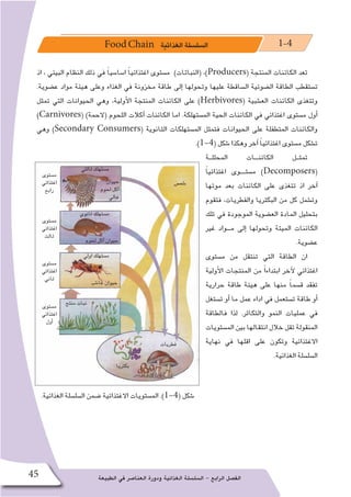 ‫الطبيعة‬ ‫في‬ ‫العنا�صر‬ ‫ودورة‬ ‫الغذائية‬ ‫ال�سل�سلة‬ - ‫الرابع‬ ‫الف�صل‬45
FoodChain ‫الغذائية‬‫ال�سل�سلة‬ 1-4
‫اذ‬ , ‫البيئي‬ ‫النظام‬ ‫ذلك‬ ‫في‬ ً‫ا‬‫ا�سا�سي‬ ً‫ا‬‫اغتذائي‬ ‫م�ستوى‬ )‫(النباتات‬ ،)Producers( ‫المنتجة‬ ‫الكائنات‬ ‫تعد‬
.‫ع�ضوية‬ ‫مواد‬ ‫هيئة‬ ‫وعلى‬ ‫الغذاء‬ ‫في‬ ‫مخزونة‬ ‫طاقة‬ ‫إلى‬� ‫وتحولها‬ ‫عليها‬ ‫ال�ساقطة‬ ‫ال�ضوئية‬ ‫الطاقة‬ ‫ت�ستقطب‬
‫تمثل‬ ‫التي‬ ‫الحيوانات‬ ‫وهي‬ ،‫أولية‬‫ل‬‫ا‬ ‫المنتجة‬ ‫الكائنات‬ ‫على‬ )Herbivores( ‫الع�شبية‬ ‫الكائنات‬ ‫وتتغذى‬
)Carnivores( )‫(الحمة‬ ‫اللحوم‬ ‫آكالت‬� ‫الكائنات‬ ‫اما‬ .‫الم�ستهلكة‬ ‫الحية‬ ‫الكائنات‬ ‫في‬ ‫اغتذائي‬ ‫م�ستوى‬ ‫أول‬�
‫وهي‬ )Secondary Consumers( ‫الثانوية‬ ‫الم�ستهلكات‬ ‫فتمثل‬ ‫الحيوانات‬ ‫على‬ ‫المتطفلة‬ ‫والكائنات‬
.)1-4( ‫�شكل‬ ‫وهكذا‬ ‫آخر‬� ً‫ا‬‫اغتذائي‬ ‫م�ستوى‬ ‫ت�شكل‬
‫المحللــة‬ ‫الكائنـــات‬ ‫تمثــل‬
ً‫ا‬‫اغتذائي‬ ‫م�ستــــوى‬ )Decomposers(
‫موتها‬ ‫بعد‬ ‫الكائنات‬ ‫على‬ ‫تتغذى‬ ‫اذ‬ ‫آخر‬�
‫فتقوم‬ ،‫والفطريات‬ ‫البكتريا‬ ‫من‬ ‫كل‬ ‫وت�شمل‬
‫تلك‬ ‫في‬ ‫الموجودة‬ ‫الع�ضوية‬ ‫المادة‬ ‫بتحليل‬
‫غير‬ ‫مـــواد‬ ‫إلى‬� ‫وتحولها‬ ‫الميتة‬ ‫الكائنات‬
.‫ع�ضوية‬
‫م�ستوى‬ ‫من‬ ‫تنتقل‬ ‫التي‬ ‫الطاقة‬ ‫ان‬
‫أولية‬‫ل‬‫ا‬ ‫المنتجات‬ ‫من‬ ً‫ا‬‫ابتداء‬ ‫آخر‬‫ل‬ ‫اغتذائي‬
‫حرارية‬ ‫طاقة‬ ‫هيئة‬ ‫على‬ ‫منها‬ ً‫ا‬‫ق�سم‬ ‫تفقد‬
‫ت�ستغل‬ ‫أو‬� ‫ما‬ ‫عمل‬ ‫اداء‬ ‫في‬ ‫ت�ستعمل‬ ‫طاقة‬ ‫أو‬�
‫فالطاقة‬ ‫لذا‬ .‫والتكاثر‬ ‫النمو‬ ‫عمليات‬ ‫في‬
‫الم�ستويات‬ ‫بين‬ ‫انتقالها‬ ‫خالل‬ ‫تقل‬ ‫المنقولة‬
‫نهاية‬ ‫في‬ ‫اقلها‬ ‫على‬ ‫وتكون‬ ‫االغتذائية‬
.‫الغذائية‬ ‫ال�سل�سلة‬
.‫الغذائية‬ ‫ال�سل�سلة‬ ‫�ضمن‬ ‫االغتذائية‬ ‫الم�ستويات‬ .)1-4( ‫�شكل‬
‫�شم�س‬
‫م�ستوى‬
‫اغتذائي‬
‫رابع‬
‫ثالثي‬ ‫م�ستهلك‬
‫حيوان‬
‫لحوم‬ ‫آكل‬�
‫عالي‬
‫لحوم‬ ‫آكل‬� ‫حيوان‬
‫عا�شب‬ ‫حيوان‬
‫ثانوي‬ ‫م�ستهلك‬
‫اولي‬ ‫م�ستهلك‬
‫منتج‬ ‫نبات‬
‫بكتريا‬
‫فطريات‬
‫م�ستوى‬
‫اغتذائي‬
‫ثالث‬
‫م�ستوى‬
‫اغتذائي‬
‫ثاني‬
‫م�ستوى‬
‫اغتذائي‬
‫أول‬�
 