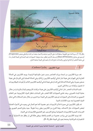 ‫الطبيعة‬ ‫في‬ ‫العنا�صر‬ ‫ودورة‬ ‫الغذائية‬ ‫ال�سل�سلة‬ - ‫الرابع‬ ‫الف�صل‬53
)Evaporate(‫يتبخر‬‫والباقي‬‫الماء‬‫من‬ ً‫ا‬‫بع�ض‬‫االحياء‬‫ت�ستخدم‬‫أر�ض‬‫ل‬‫ا‬‫على‬‫الماء‬‫ي�سقط‬.‫الطبيعة‬‫في‬‫الماء‬‫دورة‬.)7-4(‫�شكل‬
‫ماء‬ ‫كبخار‬ ‫البيئة‬ ‫إلى‬� ‫المياه‬ ‫تعيد‬ ‫الحيوانات‬ .‫جوفية‬ ‫مياه‬ ‫ليكون‬ ‫أر�ض‬‫ل‬‫ا‬ ‫يدخل‬ ‫أو‬� )Run off Streams( ‫جداول‬ ‫في‬ ‫ي�سير‬ ‫أو‬�
.‫النتح‬ ‫بعملية‬ ‫البيئة‬ ‫إلى‬� ‫تعيده‬ ‫أو‬� ‫الماء‬ ‫تنتج‬ ‫والنباتات‬ ،‫ابرازي‬ ‫كناتج‬ ‫أو‬� ‫التنف�س‬ ‫عملية‬ ‫في‬
)Carbon Cycle( ‫الكاربون‬ ‫دورة‬ 2
‫الحالة‬ ‫في‬ ‫الكاربون‬ ‫يوجد‬ ،‫الرئي�سة‬ ‫مكوناتها‬ ‫تميز‬ ‫ب�سبب‬ ‫العنا�صر‬ ‫دورات‬ ‫اب�سط‬ ‫من‬ ‫الكاربون‬ ‫دورة‬ ‫تعد‬
‫هيئة‬ ‫على‬ )‫التربة‬ ‫(في‬ ‫ال�صلبة‬ ‫الحالة‬ ‫وفي‬ ،)co2
( ‫الكاربون‬ ‫أوك�سيد‬� ‫ثنائي‬ ‫غاز‬ ‫هيئة‬ ‫على‬ )‫الهواء‬ ‫(في‬ ‫الغازية‬
‫البيكاربونات‬‫أيونات‬�‫أو‬�‫الذائب‬‫الكاربون‬‫أوك�سيد‬�‫ثنائي‬‫هيئة‬‫على‬)‫الماء‬‫(في‬‫ال�سائلة‬‫الحالة‬‫وفي‬،‫جيرية‬‫�صخور‬
.‫اخرى‬ ‫إلى‬� ‫حالة‬ ‫من‬ ‫مركباته‬ ‫تتحول‬ ‫اذ‬
‫خالل‬‫من‬)‫(�سكريات‬‫كاربوهيدراتية‬‫مركبات‬‫هيئة‬‫على‬‫الكاربون‬‫أوك�سيد‬�‫ثنائي‬ ‫غاز‬ ‫الخ�ضر‬‫النباتات‬‫تثبت‬
‫النظام‬ ‫عبر‬ ‫الكاربونية‬ ‫المواد‬ ‫تنتقل‬ ‫النباتات‬ ‫على‬ ‫الع�شب‬ ‫آكلة‬� ‫الحيوانات‬ ‫تغذي‬ ‫وعند‬ ،‫ال�ضوئي‬ ‫البناء‬ ‫عملية‬
‫تحلل‬‫التي‬‫المحلالت‬‫عمل‬‫خالل‬‫من‬‫اخرى‬‫مرة‬‫البيئة‬‫إلى‬� ‫الكاربون‬ ‫يعود‬‫ثم‬‫الحيوانات‬‫إلى‬� ‫النباتات‬‫من‬‫الحيوي‬
.‫الحية‬ ‫الكائنات‬ ‫موت‬ ‫بعد‬ ‫الع�ضوية‬ ‫المواد‬
‫ال�صلبة‬ ‫االجزاء‬ ‫في‬ ‫وجوده‬ ‫في‬ ‫الحال‬ ‫هو‬ ‫كما‬ ‫ع�ضوية‬ ‫غير‬ ‫كاربونات‬ ‫امالح‬ ‫�صورة‬ ‫في‬ ‫الكاربون‬ ‫يكون‬ ‫قد‬
‫من‬ ‫الجيري‬ ‫الحجر‬ ‫ينتج‬ ‫حيث‬ .ً‫ال‬‫طوي‬ ً‫ا‬‫زمن‬ ‫يبقى‬ ‫الكاربون‬ ‫من‬ ‫النوع‬ ‫وهذا‬ ،‫اال�صداف‬ ‫مثل‬ ‫الحيوانات‬ ‫لبع�ض‬
.‫المياه‬ ‫في‬ ‫للكاربونات‬ ‫الع�ضوي‬ ‫غير‬ ‫التر�سيب‬ ‫وينتج‬ ‫الحيوانية‬ ‫للكاربونات‬ ‫البحرية‬ ‫التر�سبات‬
‫عند‬ ‫أو‬� ‫االحتراق‬ ‫عند‬ ‫يطلق‬ ‫ان‬ ‫إلى‬� ‫هكذا‬ ‫ويبقى‬ ،‫والنفط‬ ‫الفحم‬ ‫من‬ ‫ع�ضوية‬ ‫روا�سب‬ ‫في‬ ‫الكاربون‬ ‫يوجد‬ ‫كما‬
.)8-4( ‫�شكل‬ ‫البيئة‬ ‫إلى‬� ‫يعود‬ ‫وعندها‬ ‫البركانية‬ ‫االنفجارات‬
‫نتح‬
‫تبخر‬
‫�شم�سية‬ ‫طاقة‬
‫تر�سب‬
‫الماء‬ ‫جريان‬
‫التربة‬‫في‬‫تر�شح‬
‫جوفية‬‫مياه‬
‫مائية‬‫�صخرية‬‫طبقة‬
 