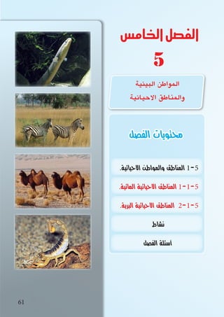 61
.‫االحيائية‬ ‫والمواطن‬ ‫المناطق‬ 1-5
.‫المائية‬ ‫االحيائية‬ ‫المناطق‬ 1-1-5
.‫البرية‬ ‫االحيائية‬ ‫المناطق‬ 2-1-5
‫نشاط‬
‫الفصل‬ ‫أسئلة‬
‫الفصل‬ ‫محتويات‬
‫الخامس‬‫الفصل‬
5
‫البيئية‬ ‫المواطن‬
‫االحيائية‬ ‫والمناطق‬
 