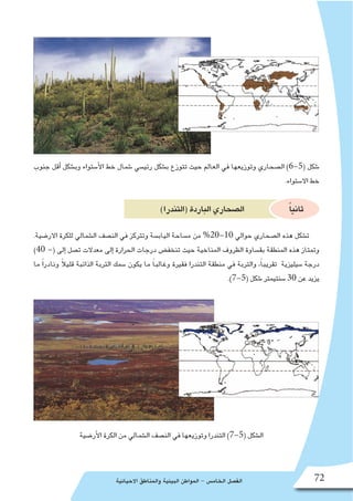 ‫االحيائية‬ ‫والمناطق‬ ‫البيئية‬ ‫المواطن‬ - ‫الخام�س‬ ‫الف�صل‬ 72
‫جنوب‬ ‫أقل‬� ‫وب�شكل‬ ‫أ�ستواء‬‫ل‬‫ا‬ ‫خط‬ ‫�شمال‬ ‫رئي�سي‬ ‫ب�شكل‬ ‫تتوزع‬ ‫حيث‬ ‫العالم‬ ‫في‬ ‫وتوزيعها‬ ‫ال�صحاري‬ )6-5( ‫�شكل‬
.‫اال�ستواء‬ ‫خط‬
)‫(التندرا‬‫الباردة‬‫ال�صحاري‬ ً‫ا‬‫ثاني‬
.‫االر�ضية‬ ‫للكرة‬ ‫ال�شمالي‬ ‫الن�صف‬ ‫في‬ ‫وتتركز‬ ‫الياب�سة‬ ‫م�ساحة‬ ‫من‬ %20-10 ‫حوالي‬ ‫ال�صحاري‬ ‫هذه‬ ‫ت�شكل‬
)40 -( ‫إلى‬� ‫ت�صل‬ ‫معدالت‬ ‫إلى‬� ‫الحرارة‬ ‫درجات‬ ‫تنخف�ض‬ ‫حيث‬ ‫المناخية‬ ‫الظروف‬ ‫بق�ساوة‬ ‫المنطقة‬ ‫هذه‬ ‫وتمتاز‬
‫ما‬ ً‫ا‬‫ونادر‬ ً‫ال‬‫قلي‬ ‫الذائبة‬ ‫التربة‬ ‫�سمك‬ ‫يكون‬ ‫ما‬ ً‫ا‬‫وغالب‬ ‫فقيرة‬ ‫التندرا‬ ‫منطقة‬ ‫في‬ ‫والتربة‬ ،ً‫ا‬‫تقريب‬ ‫�سيليزية‬ ‫درجة‬
.)7-5( ‫�شكل‬ ‫�سنتيمتر‬ 30 ‫عن‬ ‫يزيد‬
‫أر�ضية‬‫ل‬‫ا‬ ‫الكرة‬ ‫من‬ ‫ال�شمالي‬ ‫الن�صف‬ ‫في‬ ‫وتوزيعها‬ ‫التندرا‬ )7-5( ‫ال�شكل‬
 