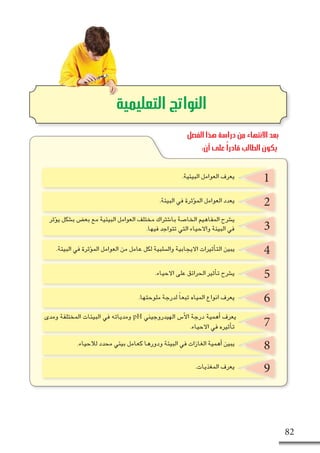 ‫البيئة‬‫في‬‫ؤثرة‬�‫الم‬‫العوامل‬- ‫ال�ساد�س‬‫الف�صل‬ 82
2
3
4
5
6
7
8
9
‫التعليمية‬ ‫النواتج‬
1
.‫فيها‬ ‫تتواجد‬ ‫التي‬ ‫واالحياء‬ ‫البيئة‬ ‫في‬
.‫االحياء‬ ‫في‬ ‫أثيره‬�‫ت‬
.‫البيئية‬ ‫العوامل‬ ‫يعرف‬
.‫البيئة‬ ‫في‬ ‫ؤثرة‬�‫الم‬ ‫العوامل‬ ‫يعدد‬
‫ؤثر‬�‫ي‬ ‫ب�شكل‬ ‫بع�ض‬ ‫مع‬ ‫البيئية‬ ‫العوامل‬ ‫مختلف‬ ‫با�شتراك‬ ‫الخا�صة‬ ‫المفاهيم‬ ‫ي�شرح‬
.‫البيئة‬ ‫في‬ ‫ؤثرة‬�‫الم‬ ‫العوامل‬ ‫من‬ ‫عامل‬ ‫لكل‬ ‫وال�سلبية‬ ‫االيجابية‬ ‫أثيرات‬�‫الت‬ ‫يبين‬
.‫االحياء‬ ‫على‬ ‫الحرائق‬ ‫أثير‬�‫ت‬ ‫ي�شرح‬
.‫ملوحتها‬ ‫لدرجة‬ ً‫ا‬‫تبع‬ ‫المياه‬ ‫انواع‬ ‫يعرف‬
‫ومدى‬ ‫المختلفة‬ ‫البيئات‬ ‫في‬ ‫ومدياته‬ pH ‫الهيدروجيني‬ ‫أ�س‬‫ل‬‫ا‬ ‫درجة‬ ‫أهمية‬� ‫يعرف‬
.‫لالحياء‬ ‫محدد‬ ‫بيئي‬ ‫كعامل‬ ‫ودورها‬ ‫البيئة‬ ‫في‬ ‫الغازات‬ ‫أهمية‬� ‫يبين‬
.‫المغذيات‬ ‫يعرف‬
‫الفصل‬ ‫هذا‬ ‫دراسة‬ ‫من‬ ‫االنتهاء‬ ‫بعد‬
:‫أن‬ ‫على‬ ً‫ا‬‫قادر‬ ‫الطالب‬ ‫يكون‬
 