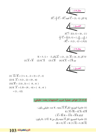103
� � 8 ‫ﻣﺜﺎل‬
2C ، C ، -3C ‫ﻓﺠﺪ‬ ‫ﻛﺎن‬ ‫إذا‬
� ‫اﻟﺤــــﻞ‬
2C = 2(3,-1) = (6 , -2 )
C = (3,-1) = ( ‫ـــــ‬ , ‫ـــــ‬ )
-3C = -3 (3 , -1) = (-9,3)
� � 9 ‫ﻣﺜﺎل‬
K = 3 ، L = -2 ‫وﻛﺎن‬ ، ‫ﻛﺎن‬ ‫اذا‬
‫ﺟﺪ‬
� ‫اﻟﺤــــﻞ‬
(1) A+ B = ( 3 + 4 , -2 + 3) = (7 , 1)
(2) K A = 3 (3 , -2) = (9 , -6)
(3)L B = -2 (4 , 3) = ( -8 , -6 )
(4) K A + L B = (9 , - 6) + ( -8 , -6 )
= (1 , -12)
�‫ﺣﻘﻴﻘﻲ‬ ‫ﺑﻌﺪد‬ ‫اﻟﻤﺘﺠﻬﺎت‬ ‫ﺿﺮب‬ ‫ﻋﻤﻠﻴﺔ‬ ‫ﺧﻮاص‬ [5�4�4�
: ‫ﻳﻜﻮن‬ ‫ﺣﻘﻴﻘﻲ‬ ‫ﻋﺪد‬ K ، ‫ﻣﺘﺠﻪ‬ A، B ‫ﻟﻜﻞ‬ :‫اﻟﺘﻮزﻳﻊ‬ ‫ﺧﺎﺻﻴﺔ‬ (1)
K ( A+ B) = K A+ K B
‫ﻛﺬﻟﻚ‬
:‫ﻳﻜﻮن‬ K ، L∈ R ‫ﻣﻦ‬ ‫وﻛﻞ‬ ‫ﻣﺘﺠﻪ‬ A ‫ﻟﻜﻞ‬ :‫اﻟﺘﺠﻤﻴﻊ‬ ‫ﺧﺎﺻﻴﺔ‬ (2)
(K × L) A = K ( L A) = L (K A)
C = (3, -1)1
2
3
2
1
2
-1
2
A = (3 , -2) ، B = (4 , 3)
(1) A + B (2) K A (3) L B (4) K A + L B
( A + B) K = A K + B K
1
2
 