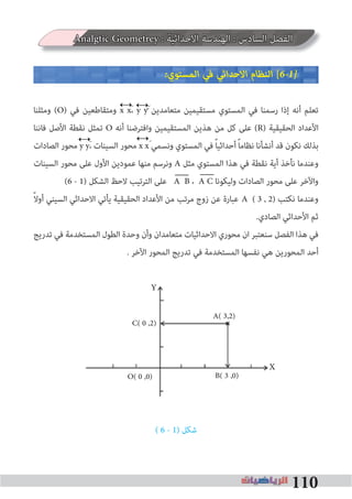 110
Analgtic Geometrey : ‫اﻻﺣﺪاﺛﻴﺔ‬ ‫اﻟﻬﻨﺪﺳﺔ‬ : ‫اﻟﺴﺎدس‬ ‫اﻟﻔﺼﻞ‬
�‫اﻟﻤﺴﺘﻮي‬ ‫ﻓﻲ‬ ‫اﻻﺣﺪاﺛﻲ‬ ‫اﻟﻨﻈﺎم‬ [6�1�
‫وﻣﺜﻠﻨﺎ‬ (O) ‫ﻓﻲ‬ ‫وﻣﺘﻘﺎﻃﻌﻴﻦ‬ x xَ، y yَََ ‫ﻣﺘﻌﺎﻣﺪﻳﻦ‬ ‫ﻣﺴﺘﻘﻴﻤﻴﻦ‬ ‫اﻟﻤﺴﺘﻮي‬ ‫ﻓﻲ‬ ‫رﺳﻤﻨﺎ‬ ‫إذا‬ ‫أﻧﻪ‬ ‫ﺗﻌﻠﻢ‬
‫ﻓﺎﻧﻨﺎ‬ ‫اﻷﺻﻞ‬ ‫ﻧﻘﻄﺔ‬ ‫ﺗﻤﺜﻞ‬ O ‫أﻧﻪ‬ ‫واﻓﺘﺮﺿﻨﺎ‬ ‫اﻟﻤﺴﺘﻘﻴﻤﻴﻦ‬ ‫ﻫﺬﻳﻦ‬ ‫ﻣﻦ‬ ‫ﻛﻞ‬ ‫ﻋﻠﻰ‬ (R) ‫اﻟﺤﻘﻴﻘﻴﺔ‬ ‫اﻷﻋﺪاد‬
‫اﻟﺼﺎدات‬ ‫ﻣﺤﻮر‬ y yَ، ‫اﻟﺴﻴﻨﺎت‬ ‫ﻣﺤﻮر‬ x xَ ‫وﻧﺴﻤﻲ‬ ‫اﻟﻤﺴﺘﻮي‬ ‫ﻓﻲ‬ ً‫ﺎ‬‫أﺣﺪاﺛﻴ‬ ً‫ﺎ‬‫ﻧﻈﺎﻣ‬ ‫أﻧﺸﺄﻧﺎ‬ ‫ﻗﺪ‬ ‫ﻧﻜﻮن‬ ‫ﺑﺬﻟﻚ‬
‫اﻟﺴﻴﻨﺎت‬ ‫ﻣﺤﻮر‬ ‫ﻋﻠﻰ‬ ‫اﻷول‬ ‫ﻋﻤﻮدﻳﻦ‬ ‫ﻣﻨﻬﺎ‬ ‫وﻧﺮﺳﻢ‬ A ‫ﻣﺜﻞ‬ ‫اﻟﻤﺴﺘﻮي‬ ‫ﻫﺬا‬ ‫ﻓﻲ‬ ‫ﻧﻘﻄﺔ‬ ‫أﻳﺔ‬ ‫ﻧﺄﺧﺬ‬ ‫وﻋﻨﺪﻣﺎ‬
(6 - 1) ‫اﻟﺸﻜﻞ‬ ‫ﻻﺣﻆ‬ ‫اﻟﺘﺮﺗﻴﺐ‬ ‫ﻋﻠﻰ‬ A B ، A C ‫وﻟﻴﻜﻮﻧﺎ‬ ‫اﻟﺼﺎدات‬ ‫ﻣﺤﻮر‬ ‫ﻋﻠﻰ‬ ‫واﻵﺧﺮ‬
ً‫ﻻ‬‫أو‬ ‫اﻟﺴﻴﻨﻲ‬ ‫اﻻﺣﺪاﺛﻲ‬ ‫ﻳﺄﺗﻲ‬ ‫اﻟﺤﻘﻴﻘﻴﺔ‬ ‫اﻷﻋﺪاد‬ ‫ﻣﻦ‬ ‫ﻣﺮﺗﺐ‬ ‫زوج‬ ‫ﻋﻦ‬ ‫ﻋﺒﺎرة‬ ‫ﻧﻜﺘﺐ‬ ‫وﻋﻨﺪﻣﺎ‬
.‫اﻟﺼﺎدي‬ ‫اﻷﺣﺪاﺛﻲ‬ ‫ﺛﻢ‬
‫ﺗﺪرﻳﺞ‬ ‫ﻓﻲ‬ ‫اﻟﻤﺴﺘﺨﺪﻣﺔ‬ ‫اﻟﻄﻮل‬ ‫وﺣﺪة‬ ‫وأن‬ ‫ﻣﺘﻌﺎﻣﺪان‬ ‫اﻻﺣﺪاﺛﻴﺎت‬ ‫ﻣﺤﻮري‬ ‫ان‬ ‫ﺳﻨﻌﺘﺒﺮ‬ ‫اﻟﻔﺼﻞ‬ ‫ﻫﺬا‬ ‫ﻓﻲ‬
. ‫اﻵﺧﺮ‬ ‫اﻟﻤﺤﻮر‬ ‫ﺗﺪرﻳﺞ‬ ‫ﻓﻲ‬ ‫اﻟﻤﺴﺘﺨﺪﻣﺔ‬ ‫ﻧﻔﺴﻬﺎ‬ ‫ﻫﻲ‬ ‫اﻟﻤﺤﻮرﻳﻦ‬ ‫أﺣﺪ‬
( 6 - 1) ‫ﺷﻜﻞ‬
A ( 3 , 2)
↔ ↔
↔
Y
X
A( 3,2)
C( 0 ,2)
O( 0 ,0) B( 3 ,0)
↔
 