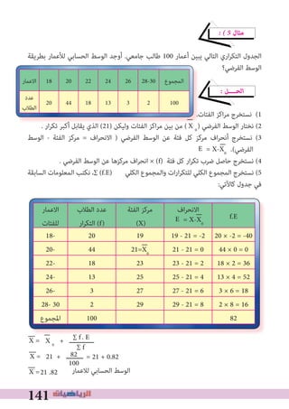 141
� � 5 ‫ﻣﺜﺎل‬
‫ﺑﻄﺮﻳﻘﺔ‬ ‫ﻟﻸﻋﻤﺎر‬ ‫اﻟﺤﺴﺎﺑﻲ‬ ‫اﻟﻮﺳﻂ‬ ‫أوﺟﺪ‬ .‫ﺟﺎﻣﻌﻲ‬ ‫ﻃﺎﻟﺐ‬ 100 ‫أﻋﻤﺎر‬ ‫ﻳﺒﻴﻦ‬ ‫اﻟﺘﺎﻟﻲ‬ ‫اري‬‫ﺮ‬‫اﻟﺘﻜ‬ ‫اﻟﺠﺪول‬
‫اﻟﻔﺮﺿﻲ؟‬ ‫اﻟﻮﺳﻂ‬
� ‫اﻟﺤــــﻞ‬
.‫اﻟﻔﺌﺎت‬ ‫اﻛﺰ‬‫ﺮ‬‫ﻣ‬ ‫ﻧﺴﺘﺨﺮج‬ (1
. ‫ار‬‫ﺮ‬‫ﺗﻜ‬ ‫أﻛﺒﺮ‬ ‫ﻳﻘﺎﺑﻞ‬ ‫اﻟﺬي‬ (21) ‫وﻟﻴﻜﻦ‬ ‫اﻟﻔﺌﺎت‬ ‫اﻛﺰ‬‫ﺮ‬‫ﻣ‬ ‫ﺑﻴﻦ‬ ‫ﻣﻦ‬ ( ) ‫اﻟﻔﺮﺿﻲ‬ ‫اﻟﻮﺳﻂ‬ ‫ﻧﺨﺘﺎر‬ (2
‫اﻟﻮﺳﻂ‬ - ‫اﻟﻔﺌﺔ‬ ‫ﻣﺮﻛﺰ‬ = ‫اف‬‫ﺮ‬‫اﻻﻧﺤ‬ ) ‫اﻟﻔﺮﺿﻲ‬ ‫اﻟﻮﺳﻂ‬ ‫ﻋﻦ‬ ‫ﻓﺌﺔ‬ ‫ﻛﻞ‬ ‫ﻣﺮﻛﺰ‬ ‫اف‬‫ﺮ‬‫أﻧﺤ‬ ‫ﻧﺴﺘﺨﺮج‬ (3
.(‫اﻟﻔﺮﺿﻲ‬
. ‫اﻟﻔﺮﺿﻲ‬ ‫اﻟﻮﺳﻂ‬ ‫ﻋﻦ‬ ‫ﻣﺮﻛﺰﻫﺎ‬ ‫اف‬‫ﺮ‬‫اﻧﺤ‬ × (f) ‫ﻓﺌﺔ‬ ‫ﻛﻞ‬ ‫ار‬‫ﺮ‬‫ﺗﻜ‬ ‫ﺿﺮب‬ ‫ﺣﺎﺻﻞ‬ ‫ﻧﺴﺘﺨﺮج‬ (4
‫اﻟﺴﺎﺑﻘﺔ‬ ‫اﻟﻤﻌﻠﻮﻣﺎت‬ ‫ﻧﻜﺘﺐ‬ ،∑ (f.E) ‫اﻟﻜﻠﻲ‬ ‫واﻟﻤﺠﻤﻮع‬ ‫ات‬‫ر‬‫ا‬‫ﺮ‬‫ﻟﻠﺘﻜ‬ ‫اﻟﻜﻠﻲ‬ ‫اﻟﻤﺠﻤﻮع‬ ‫ﻧﺴﺘﺨﺮج‬ (5
:‫ﻛﺎﻵﺗﻲ‬ ‫ﺟﺪول‬ ‫ﻓﻲ‬
‫ﻟﻼﻋﻤﺎر‬ ‫اﻟﺤﺴﺎﺑﻲ‬ ‫اﻟﻮﺳﻂ‬
‫اﻻﻋﻤﺎر‬
‫ﻟﻠﻔﺌﺎت‬
‫اﻟﻄﻼب‬ ‫ﻋﺪد‬
‫ار‬‫ﺮ‬‫اﻟﺘﻜ‬ (f)
‫اﻟﻔﺌﺔ‬ ‫ﻣﺮﻛﺰ‬
(X)
‫اف‬‫ﺮ‬‫اﻻﻧﺤ‬
f.E
18- 20 19 19 - 21 = -2 20 × -2 = -40
20- 44 21=X0
21 - 21 = 0 44 × 0 = 0
22- 18 23 23 - 21 = 2 18 × 2 = 36
24- 13 25 25 - 21 = 4 13 × 4 = 52
26- 3 27 27 - 21 = 6 3 × 6 = 18
28- 30 2 29 29 - 21 = 8 2 × 8 = 16
‫اﳌﺠﻤﻮع‬ 100 82
X 0
= X-X0
E
= X-X0
E
∑ f. E
∑ f
X = X 0
+ ‫ـــــــــــــ‬
82
100
X = 21 + ‫ـــــــــ‬ = 21 + 0.82
X =21 .82
.‫اﻟﻔﺌﺎت‬ ‫اﻛﺰ‬‫ﺮ‬‫ﻣ‬ ‫ﻧﺴﺘﺨﺮج‬ (
. ‫ار‬‫ﺮ‬‫ﺗﻜ‬ ‫أﻛﺒﺮ‬ ‫ﻳﻘﺎﺑﻞ‬ ‫اﻟﺬي‬ (21) ‫وﻟﻴﻜﻦ‬ ‫اﻟﻔﺌﺎت‬ ‫اﻛﺰ‬‫ﺮ‬‫ﻣ‬ ‫ﺑﻴﻦ‬ ‫ﻣﻦ‬ ( ) ‫اﻟﻔﺮﺿﻲ‬ ‫اﻟﻮﺳﻂ‬ ‫ﻧﺨﺘﺎر‬ (X) ‫وﻟﻴﻜﻦ‬ ‫اﻟﻔﺌﺎت‬ ‫اﻛﺰ‬‫ﺮ‬‫ﻣ‬ ‫ﺑﻴﻦ‬ ‫ﻣﻦ‬ (X) ‫وﻟﻴﻜﻦ‬ ‫اﻟﻔﺌﺎت‬ ‫اﻛﺰ‬‫ﺮ‬‫ﻣ‬ ‫ﺑﻴﻦ‬ ‫ﻣﻦ‬ (
‫اﻻﻋﻤﺎر‬ 18 20 22 24 26 28-30 ‫اﻟﻤﺠﻤﻮع‬
‫ﻋﺪد‬
‫اﻟﻄﻼب‬
20 44 18 13 3 2 100
 