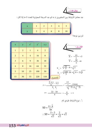 153
� � 16 ‫ﻣﺜﺎل‬
: ‫ﻛﺎن‬ ‫إذا‬ x=5 ‫ﻟﻠﻌﺪد‬ ‫اﻟﻤﻌﻴﺎرﻳﺔ‬ ‫اﻟﺪرﺟﺔ‬ ‫ﺟﺪ‬ ‫ﺛﻢ‬ x، y ‫اﻟﻤﺘﻐﻴﺮﻳﻦ‬ ‫ﺑﻴﻦ‬ ‫اﻻرﺗﺒﺎط‬ ‫ﻣﻌﺎﻣﻞ‬ ‫ﺟﺪ‬
‫ﻧﻮﻋﻪ؟‬ ‫ﺑﻴﻦ‬ ‫ﺛﻢ‬
� ‫اﻟﺤــــﻞ‬
S x
=
S y
=
‫ﺗﺎم‬ ‫ﻃﺮدي‬ ‫اﻻرﺗﺒﺎط‬ ‫ﻧﻮع‬ ∴
x yy2
x2
yx
24121
816442
1836963
32641684
5010025105
110220553015
‫ﻧﻮﻋﻪ؟‬ ‫ﺑﻴﻦ‬ ‫ﺛﻢ‬
54321x
108642y
15
5
X =
Y = 30
5
55
5 -9 = 2
220
5
-36 = 8 = 2 2
=3
=6
‫اﳌﺠﻤﻮع‬
r = ‫ـــــــــــــــــــــــــــ‬ = ‫ـــــــــــــــــــــــــــــ‬
∑ x y
n - x y
Sx
Sy
= 1= 4
4
- (3)(6)
( 2) (2 2)
22 - 18
4
r= ‫ــــــــــــــــــــــ‬
110
5
SD =
x − x
Sx
∴SD =
5 − 3
2
=
2
2
= 2
 