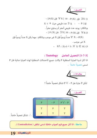 19
� ‫اﻟﺤــــﻞ‬
≡ ~ ( ) ‫ﻓﺈن‬ ∃	 (1
≤ ‫ﺣﻴﺚ‬ ‫ﻃﺒﻴﻌﻲ‬ ‫∃ﻋﺪد‬ : ~ P ( )
. ً‫ا‬‫ﺮ‬‫ﺻﻔ‬ ‫ﻳﺴﺎوي‬ ‫أو‬ ‫أﺻﻐﺮ‬ ‫ﻃﺒﻴﻌﻲ‬ ‫ﻋﺪد‬ ‫ﻳﻮﺟﺪ‬ : ‫وﺑﺎﻟﻜﻼم‬
≡~ (X) ‫ﻓﺈن‬ ∀ (2
‫ﻓﺈن‬ ً‫ﺎ‬‫زوﺟﻴ‬ ً‫ا‬‫ﻋﺪد‬ X ‫ﻳﻜﻦ‬ ‫ﻣﻬﻤﺎ‬ : ‫وﺑﺎﻟﻜﻼم‬ ‫ﻣﻮﺟﺐ‬ ‫ﻏﻴﺮ‬ X ‫ﻓﺈن‬ ً‫ﺎ‬‫زوﺟﻴ‬ ً‫ا‬‫∀ﻋﺪد‬ : ~P( )
. ‫ﻣﻮﺟﺐ‬ ‫ﻏﻴﺮ‬ X
( 													) (3
: Tautology ‫الحاصل‬ ‫التحصيل‬ [1-7-3]
P ‫ﻓﺎن‬ ‫ﺻﺎﺋﺒﺔ‬ ‫اﻟﻌﺒﺎرة‬ ‫ﻟﻬﺬه‬ ‫اﻟﻤﻨﻄﻘﻴﺔ‬ ‫اﻻﺣﺘﻤﺎﻻت‬ ‫ﺟﻤﻴﻊ‬ ‫وﻛﺎﻧﺖ‬ P ‫اﻟﻤﻨﻄﻘﻴﺔ‬ ‫اﻟﻌﺒﺎرة‬ ‫ﻟﺪﻳﻨﺎ‬ ‫ﻛﺎن‬ ‫اذا‬
. ً‫ﻼ‬‫ﺣﺎﺻ‬ ً‫ﻼ‬‫ﺗﺤﺼﻴ‬ ‫ﺗﺴﻤﻰ‬
� � 8 ‫ﻣﺜﺎل‬
‫؟‬ ً‫ﻼ‬‫ﺣﺎﺻ‬ ً‫ﻼ‬‫ﺗﺤﺼﻴ‬ ‫ﺗﺸﻜﻞ‬ P∨~ P ‫ﻫﻞ‬ ‫ﻋﺒﺎرة‬ P ‫ﻟﺘﻜﻦ‬
� ‫اﻟﺤــــﻞ‬
. ً‫ﻼ‬‫ﺣﺎﺻ‬ ً‫ﻼ‬‫ﺗﺤﺼﻴ‬ ‫ﺗﺸﻜﻞ‬ ∴
. ( Contradiction ) ‫تناقﺾ‬ ‫تدعى‬ ‫ﺧاﻃﺌة‬ ‫الصواب‬ ‫قيم‬ ‫جميع‬ ‫كان‬ ‫اذا‬ : ‫مالحظة‬
P ~ P P∨~ P
T
F
F
T
T
T
P X
XX
XX P X
P
XX
P X+3 < 5 :∀ X ∈ R
~ [ (X) ‫ﻓﺈن‬ ∀X ] X
~ [ P ( ) ‫ﻓﺎن‬ ∃ ]
~ ∧
X 0
 