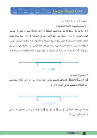 30
� Intervals ‫ات‬‫ﺮ‬‫اﻟﻔﺘ‬ [ 2 � 4 �
a ، b ∈ R ، a < b ‫ﻟﻴﻜﻦ‬
: ‫اﻟﺤﻘﻴﻘﻴﺔ‬ ‫اﻷﻋﺪاد‬ ‫ﻣﺠﻤﻮﻋﺔ‬ ‫ﺗﺴﻤﻰ‬ ( 1
‫وﻧــﺮﻣــﺰ‬ b ‫اﻟـــﻰ‬ a ‫ﻣــﻦ‬ Closed Interval ‫اﻟﻤﻐﻠﻘﺔ‬ ‫اﻟﻔﺘﺮة‬ { X : X ∈ R ، a ≤ X ≤	b }
‫ﻟﻨﻘﻄﺔ‬ ‫رﻣﺰﻧﺎ‬ ‫ﺣﻴﺚ‬ ( 2 - 1 ) ‫اﻟﺸﻜﻞ‬ ‫ﻓﻲ‬ ‫ﻛﻤﺎ‬ ‫اﻷﻋﺪاد‬ ‫ﺧﻂ‬ ‫ﻋﻠﻰ‬ ‫وﺗﻤﺜﻞ‬ [ a , b ] ‫ﺑﺎﻟـــﺮﻣﺰ‬ ‫ﻟﻬـــﺎ‬
‫ﻟﻬــﺬه‬ ‫اﻟﻨﻬـــﺎﻳﺔ‬ ‫وﻟﻨﻘﻄﺔ‬ ( a ) ‫ﺑﺎﺣﺪاﺛﻴﻬﺎ‬ ‫اﻟﻤﻐﻠﻘﺔ‬ ‫اﻟﻔﺘﺮة‬ ‫ﺗﻤﺜﻞ‬ ‫اﻟﺘﻲ‬ ‫اﻟﻤﺴﺘﻘﻴﻤﺔ‬ ‫ﻟﻠﻘﻄﻌﺔ‬ ‫اﻟﺒﺪاﻳﺔ‬
‫ﺑﻴﻦ‬ ‫ﺗﻘﺎﺑﻞ‬ ‫وﺟﻮد‬ ‫ﻳﻼﺣﻆ‬ ( ‫و‬ ) ‫اﻷﺻﻞ‬ ‫ﻧﻘﻄﺔ‬ ‫ذﻛﺮ‬ ‫اﻟﺸﻜﻞ‬ ‫ﻫﺬا‬ ‫ﻋﻠﻰ‬ ‫أﻫﻤﻠﻨﺎ‬ ‫ﻟﻘﺪ‬ ( b ) ‫ﺑﺎﺣﺪاﺛﻴﻬﺎ‬ ‫اﻟﻘﻄﻌﺔ‬
a b ‫اﻟﻤﺴﺘﻘﻴﻤﺔ‬ ‫اﻟﻘﻄﻌﺔ‬ ‫ﻧﻘﺎط‬ ‫وﻣﺠﻤﻮﻋﺔ‬ [a , b ] ‫اﻟﻔﺘﺮة‬ ‫إﻟﻰ‬ ‫اﻟﻤﻨﺘﻤﻴﺔ‬ ‫اﻟﺤﻘﻴﻘﻴﺔ‬ ‫اﻷﻋﺪاد‬ ‫ﻣﺠﻤﻮﻋﺔ‬
a b
( 2 - 1 ) ‫اﻟﺸﻜﻞ‬
‫اﻟﻤﺠﻤﻮﻋﺔ‬ ‫ﻧﺴﻤﻲ‬ ( 2
‫ﻋﻠﻰ‬ ‫وﺗﻤﺜﻞ‬ ( b ) ‫اﻟـﻰ‬ ( a ) ‫ﻣﻦ‬ Open Interval ‫اﻟﻤﻔﺘﻮﺣﺔ‬ ‫اﻟﻔﺘﺮة‬
( 2 - 2 ) ‫اﻟﺸﻜﻞ‬ ‫ﻓﻲ‬ ‫ﻛﻤﺎ‬ ‫اﻟﺤﻘﻴﻘﻴﺔ‬ ‫اﻷﻋﺪاد‬ ‫ﺧﻂ‬
a b
( 2 - 2 ) ‫اﻟﺸﻜﻞ‬
‫ﻓﻲ‬ a , b ‫اﻟﻌﺪدﻳﻦ‬ ‫ﺣﻮل‬ ‫واﻟﺪاﺋﺮﺗﻴﻦ‬ ‫أن‬ ‫اﻟﺤﺎﻟﺔ‬ ‫ﻫﺬه‬ ‫ﻓﻲ‬ ‫ﻳﻼﺣﻆ‬
. ‫ذﻟﻚ‬ ‫ﻋﻠﻰ‬ ‫ﺗﺪﻻن‬ ‫اﻟﺸﻜﻞ‬
b ∉ (a , b) , a ∉( a , b)
(a,b) ={X:X∈R,a<X<b}
 
