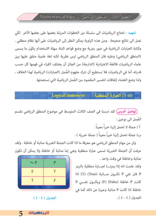 5
Mathematical logic ‫اﻟﺮﻳﺎﺿﻲ‬ ‫اﻟﻤﻨﻄﻖ‬ : ‫اﻷول‬ ‫اﻟﻔﺼﻞ‬
‫ﻟﻜﻲ‬ ‫اﻵﺧﺮ‬ ‫ﺑﻌﻀﻬﺎ‬ ‫ﻋﻠﻰ‬ ‫ﺑﻌﻀﻬﺎ‬ ‫اﻟﻤﺮﺗﺒﺔ‬ ‫اﻟﺨﻄﻮات‬ ‫ﻣﻦ‬ ‫ﺳﻠﺴﻠﺔ‬ ‫اﻟﻰ‬ ‫اﻟﺮﻳﺎﺿﻴﺎت‬ ‫ﺗﺤﺘﺎج‬ � ‫ﺗﻤﻬﻴﺪ‬
. ‫ﻣﻨﻄﻘﻲ‬ ‫ﻧﻈﺎم‬ ‫أﻧﻬﺎ‬ ‫ﻋﻠﻰ‬ ‫اﻟﺮﻳﺎﺿﻴﺎت‬ ‫إﻟﻰ‬ ‫اﻟﻨﻈﺮ‬ ‫ﻳﻤﻜﻦ‬ ‫اوﻳﺔ‬‫ﺰ‬‫اﻟ‬ ‫ﻫﺬه‬ ‫وﻣﻦ‬ . ‫ﺻﺤﻴﺤﺔ‬ ‫ﻧﺘﺎﺋﺞ‬ ‫اﻟﻰ‬ ‫ﻧﺼﻞ‬
‫ﻳﺴﻤﻰ‬ ‫ﻣﺎ‬ ‫ن‬ّ‫ﻮ‬‫ﻳﻜ‬ ‫اﻻﺳﺘﺨﺪام‬ ‫ﺳﻬﻠﺔ‬ ‫ﺛﺎﺑﺘﺔ‬ ‫ﻗﻮاﻋﺪ‬ ‫وﺿﻊ‬ ‫ﻣﻊ‬ ‫رﻣﺰﻳﺔ‬ ‫ﺻﻮر‬ ‫ﻓﻲ‬ ‫اﻟﺮﻳﺎﺿﻴﺔ‬ ‫ات‬‫ر‬‫اﻟﻌﺒﺎ‬ ‫وﻛﺘﺎﺑﺔ‬
‫ﺑﻴﻦ‬ ‫ﻋﻠﻴﻬﺎ‬ ‫ﻣﺘﻔﻖ‬ ‫ﻋﻠﻤﻴﺔ‬ ‫ﻟﻐﺔ‬ ‫ﻟﻜﻨﻪ‬ ‫ﻧﻈﺮﻳﺔ‬ ‫ﻟﻴﺲ‬ ‫اﻟﺮﻳﺎﺿﻲ‬ ‫اﻟﻤﻨﻄﻖ‬ ‫ﻓﺎن‬ ‫وﻋﻠﻴﻪ‬ (‫اﻟﺮﻳﺎﺿﻲ‬ ‫)اﻟﻤﻨﻄﻖ‬
‫ﺣﺴﺐ‬ ‫ﻛﻞ‬ ‫ﻓﻬﻤﻬﺎ‬ ‫ﻓﻲ‬ ‫اء‬‫ﺮ‬‫اﻟﻘ‬ ‫ﻳﺨﺘﻠﻒ‬ ‫أن‬ ‫اﻟﺠﺎﺋﺰ‬ ‫ﻣﻦ‬ (‫)اﻟﺪارﺟﺔ‬ ‫اﻻﻋﺘﻴﺎدﻳﺔ‬ ‫ﻓﺎﻟﻠﻐﺔ‬ ‫اﻟﺮﻳﺎﺿﻴﺎت‬ ‫ﻋﻠﻤﺎء‬
، ‫اﻟﺨﻼف‬ ‫ﻟﻬﺬا‬ ‫اﻟﺮﻳﺎﺿﻴﺔ‬ (‫ات‬‫ر‬‫)اﻟﻌﺒﺎ‬ ‫ﻤﻞ‬ُ‫اﻟﺠ‬ ‫ﻣﻔﻬﻮم‬ ‫ﻧﺘﺮك‬ ‫أن‬ ‫ﻧﺴﺘﻄﻴﻊ‬ ‫ﻓﻼ‬ ‫اﻟﺮﻳﺎﺿﻴﺎت‬ ‫ﻓﻲ‬ ‫أﻣﺎ‬ ،‫ﻗﺪرﺗﻪ‬
.‫ﻧﺴﺘﻌﻤﻠﻬﺎ‬ ‫اﻟﺘﻲ‬ ‫اﻟﺮﻳﺎﺿﻴﺔ‬ ‫ﻤﻞ‬ُ‫اﻟﺠ‬ ‫ﻣﻦ‬ ‫اﻟﻤﻘﺼﻮد‬ ‫ﻟﺘﻔﺴﻴﺮ‬ ‫إﺗﻔﺎﻗﺎت‬ ‫اﻟﻌﻠﻤﺎء‬ ‫وﺿﻊ‬ ‫وﻟﺬا‬
Logical statement � ‫اﻟﻤﻨﻄﻘﻴﺔ‬ ‫اﻟﻌﺒﺎرة‬ �1�1�
‫ﻧﻘﺴﻢ‬ ‫اﻟﺮﻳﺎﺿﻲ‬ ‫اﻟﻤﻨﻄﻖ‬ ‫ﻣﻮﺿﻮع‬ ‫ﻓﻲ‬ ‫اﻟﻤﺘﻮﺳﻂ‬ ‫اﻟﺜﺎﻟﺚ‬ ‫اﻟﺼﻒ‬ ‫ﻓﻲ‬ ‫درﺳﻨﺎ‬ ‫ﻟﻘﺪ‬ ‫اﻟﺪرس‬ ‫ﺗﻮاﺻﻞ‬
: ‫ﻧﻮﻋﻴﻦ‬ ‫اﻟﻰ‬ ‫ﻤﻞ‬ُ‫اﻟﺠ‬
. ً‫ﺎ‬‫ﻣﻌﻴﻨ‬ ً‫ا‬‫ﺮ‬‫ﺧﺒ‬ ‫إﻟﻴﻨﺎ‬ ‫ﺗﺤﻤﻞ‬ ‫ﻻ‬ ‫ﺟﻤﻠﺔ‬ ( ‫أ‬
. ( ‫ﺧﺒﺮﻳﺔ‬ ‫ﺟﻤﻠﺔ‬ ) ً‫ﺎ‬‫ﻣﻌﻴﻨ‬ ً‫ا‬‫ﺮ‬‫ﺧﺒ‬ ‫إﻟﻴﻨﺎ‬ ‫ﺗﺤﻤﻞ‬ ‫ﺟﻤﻠﺔ‬ (‫ب‬
‫وﻟﻘﺪ‬ . ‫ﺧﺎﻃﺌﺔ‬ ‫أو‬ ‫ﺻﺎﺋﺒﺔ‬ ‫اﻟﺨﺒﺮﻳﺔ‬ ‫اﻟﺠﻤﻠﺔ‬ ‫ﻛﺎﻧﺖ‬ ‫اذا‬ ‫ﻣﺎ‬ ‫ﻣﻌﺮﻓﺔ‬ ‫ﻫﻮ‬ ‫اﻟﺮﻳﺎﺿﻲ‬ ‫اﻟﻤﻨﻄﻖ‬ ‫ﻣﻬﺎم‬ ‫ﻣﻦ‬ ‫وان‬
‫ﺗﻜﻮن‬ ‫أن‬ ‫ﻳﻤﻜﻦ‬ ‫وﻻ‬ ‫ﺧﺎﻃﺌﺔ‬ ‫أو‬ ‫ﺻﺎﺋﺒﺔ‬ ‫إﻣﺎ‬ ‫وﻫﻲ‬ ‫ﻣﻨﻄﻘﻴﺔ‬ ‫ﻋﺒﺎرة‬ ‫ﺗﺴﻤﻰ‬ ‫اﻟﺨﺒﺮﻳﺔ‬ ‫اﻟﺠﻤﻠﺔ‬ ‫أن‬ ‫ﻋﺮﻓﺖ‬
. ‫واﺣﺪ‬ ‫وﻗﺖ‬ ‫ﻓﻲ‬ ‫وﺧﺎﻃﺌﺔ‬ ‫ﺻﺎﺋﺒﺔ‬
( 1 - 1 ) ‫الجدول‬
‫ﺑﺎﻟﺮﻣﺰ‬ ‫ﻣﻨﻄﻘﻴﺔ‬ ‫ﻟﻌﺒــﺎرة‬ ‫رﻣﺰﻧـــﺎ‬ ‫إذا‬ ‫اﻧﻪ‬ ‫ﻋﻠﻤﺖ‬ ‫وﻟﻘﺪ‬
‫اذا‬ (T) (True) ‫ﺻــﺎﺋﺒﺔ‬ ‫ﺗﻜــﻮن‬ P ‫ﻧﻔﻲ‬ ‫ﻓﺎن‬ P
P ‫ﻧﻔـــﻲ‬ ‫وﻳﻜــﻮن‬ (F) (False) ‫ﺧﺎﻃﺌﺔ‬ P ‫ﻛﺎﻧﺖ‬
‫ﻓﻲ‬ ‫ﻛﻤﺎ‬ ‫ذﻟﻚ‬ ‫ﻋﻦ‬ ‫وﻋﺒﺮﻧﺎ‬ ‫ﺻﺎﺋﺒﺔ‬ P ‫ﻛﺎﻧﺖ‬ ‫اذا‬ ‫ﺧﺎﻃﺌﺔ‬
. ( 1 - 1 ) ‫اﻟﺠﺪول‬
∼ P P
F T
T F
 