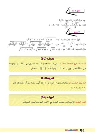 94
� � 1 ‫ﻣﺜﺎل‬
: ‫اﻷﺗﻴﺔ‬ ‫اﻟﻤﺘﺠﻬﺎت‬ ‫ﻣﻦ‬ ‫ﻛﻞ‬ ‫ﻃﻮل‬ ‫ﺟﺪ‬
( -12 , -9 ) ، ( ‫ـــــــــــ‬ , ‫ـــــــــــ‬ ) ، (3,4)
� ‫اﻟﺤــــﻞ‬
: ‫ﻫﻮ‬ (3,4) ‫اﻟﻤﺘﺠﻪ‬ ‫ﻃﻮل‬
: ‫ﻫﻮ‬ ( ‫ـــــــــ‬ , ‫ـــــــــ‬ ) ‫اﻟﻤﺘﺠﻪ‬ ‫ﻃﻮل‬
: ‫ﻫﻮ‬ ( -12 , -9 ) ‫اﻟﻤﺘﺠﻪ‬ ‫ﻃﻮل‬
(5-2) ‫ﺗﻌﺮﻳﻒ‬
‫وﻧﻬﺎﻳﺘﻪ‬ ‫ﺑﺪاﻳﺘﻪ‬ ‫ﻧﻘﻄﺔ‬ ‫ﻻن‬ ‫اﻟﺼﻔﺮي‬ ‫ﺑﺎﻟﻤﺘﺠﻪ‬ (0,0) ‫اﻟﻤﺘﺠﻪ‬ ‫ﻳﺴﻤﻰ‬ : Zero Vector ‫اﻟﺼﻔﺮي‬ ‫اﻟﻤﺘﺠﻪ‬
. ‫ﺻﻔﺮ‬ = || 0 || = 0 ‫وﻃﻮل‬ ، 0 ‫ﻟﻪ‬ ‫وﻳﺮﻣﺰ‬ . ‫اﻷﺻﻞ‬ ‫ﻧﻘﻄﺔ‬ ‫ﻫﻲ‬
(5-3)‫ﺗﻌﺮﻳﻒ‬
‫ﻛﺎن‬ ‫إذا‬ ‫وﻓﻘﻂ‬ ‫أذا‬ ‫ﻣﺘﺴﺎوﻳﺎن‬ ‫أﻧﻬﻤﺎ‬ (x1
, y1
) ‫و‬ (x2
,y2
) ‫ﻟﻠﻤﺘﺠﻬﻴﻦ‬ ‫ﻳﻘﺎل‬ :‫اﻟﻤﺘﺴﺎوﻳﺎن‬ ‫اﻟﻤﺘﺠﻬﺎن‬
.x1
= x2
، y1
= y2
(5-4) ‫ﺗﻌﺮﻳﻒ‬
.‫اﻟﺴﻴﻨﺎت‬ ‫ﻟﻤﺤﻮر‬ ‫اﻟﻤﻮﺟﺐ‬ ‫اﻻﺗﺠﺎه‬ ‫ﻣﻊ‬ ‫اﻟﻤﺘﺠﻪ‬ ‫ﻳﺼﻨﻌﻬﺎ‬ ‫اﻟﺘﻲ‬ ‫اوﻳﺔ‬‫ﺰ‬‫اﻟ‬ :‫اﻟﻤﺘﺠﻪ‬ ‫اﺗﺠﺎه‬
7 2
10
2
10
( 3 )2
+ ( 4 )2
= 9 + 16 = 5
(‫)ـــــــ‬2
+ (‫)ـــــــ‬2
= ‫ــــــ‬ + ‫ــــــ‬ = ‫ـــــــ‬ = 12
10
7 2
10
2
100
98
100
100
100
7 2
10
2
10
(-12)2
+ (-9)2
= 144 + 81 = 225 = 15
 