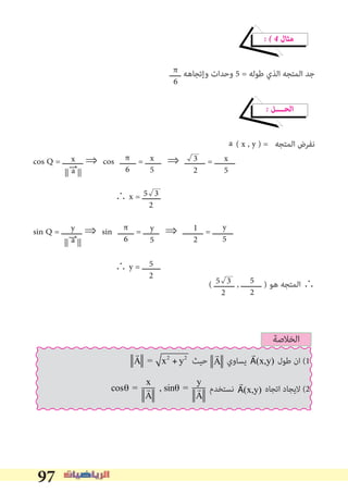 97
� � 4 ‫ﻣﺜﺎل‬
‫ـــــ‬ ‫وإﺗﺠﺎﻫﻪ‬ ‫وﺣﺪات‬ 5 = ‫ﻃﻮﻟﻪ‬ ‫اﻟﺬي‬ ‫اﻟﻤﺘﺠﻪ‬ ‫ﺟﺪ‬
� ‫اﻟﺤــــﻞ‬
( x , y ) = ‫اﻟﻤﺘﺠﻪ‬ ‫ﻧﻔﺮض‬
cos Q = ‫ـــــــــ‬ ⇒	cos	‫ـــــــ‬ = ‫ـــــــــ	⇒	ـــــــ‬ = ‫ـــــــــ‬
														∴ x = ‫ــــــــ‬
sin Q = ‫ـــــــــ‬ ⇒	sin	‫ـــــــ‬ = ‫ـــــــــ	⇒	ـــــــ‬ = ‫ـــــــــ‬
														∴ y = ‫ــــــــ‬
( ‫ـــــــــ‬ , ‫ـــــــــ‬ ) ‫ﻫﻮ‬ ‫اﻟﻤﺘﺠﻪ‬ ∴
π
6
a
x
a
π
6
x
5
x
5
3
2
5 3
2
y
a
π
6
y
5
1
2
y
5
5
2 5
2
5 3
2
‫اﻟﺨﻼﺻﺔ‬


r
A = x2
+ y2
‫ﺣﻴﺚ‬


r
A ‫ﻳﺴﺎوي‬ 

r
A(x,y) ‫ﻃﻮل‬ ‫ان‬ (1


cosθ =
x
r
A
, sinθ =
y
r
A
‫ﻧﺴﺘﺨﺪم‬ 

r
A(x,y) ‫اﺗﺠﺎه‬ ‫ﻻﻳﺠﺎد‬ (2
 