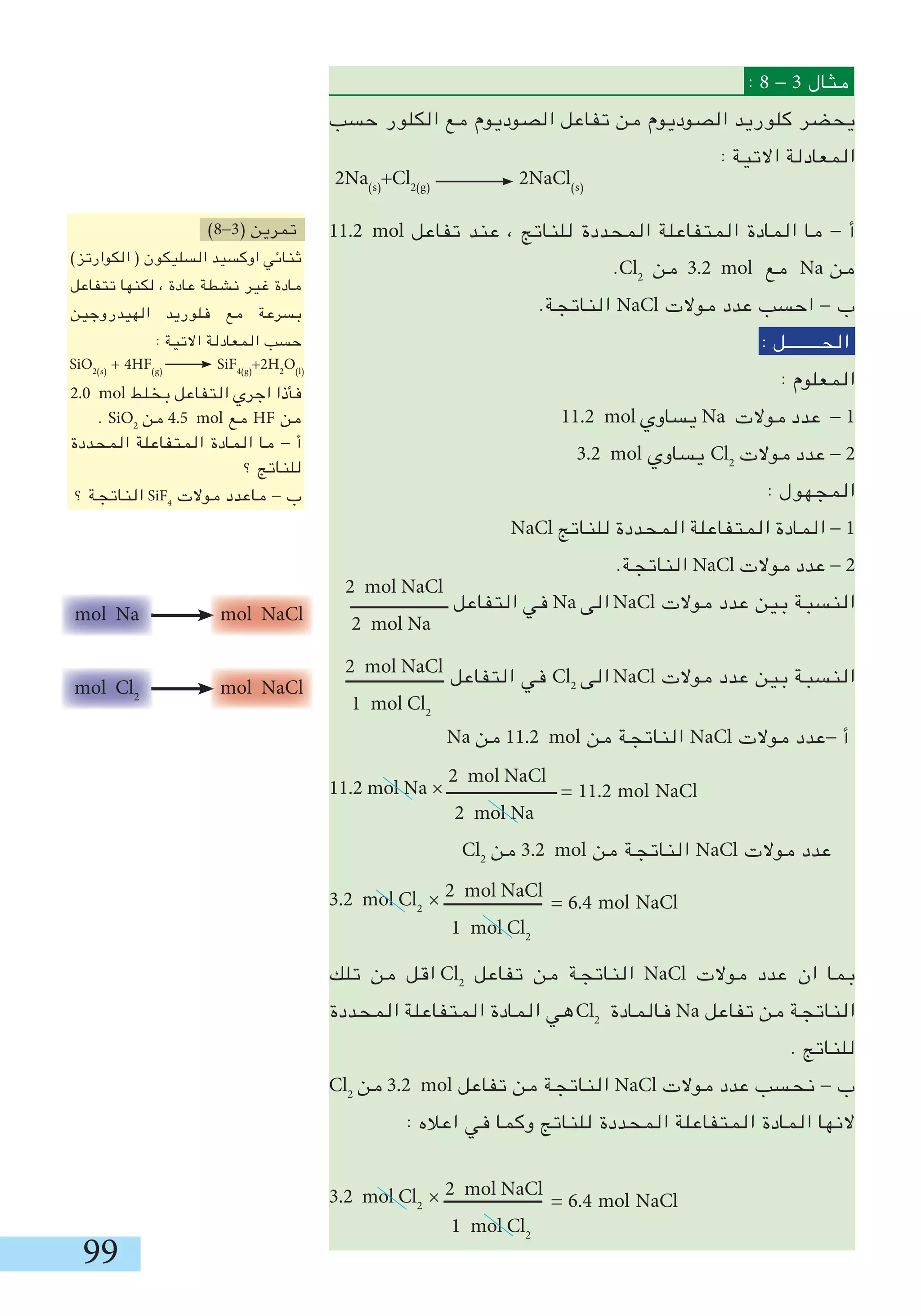 99
: 8 - 3 ‫مثال‬
‫حسب‬ ‫الكلور‬ ‫مع‬ ‫الصوديوم‬ ‫تفاعل‬ ‫من‬ ‫الصوديوم‬ ‫كلوريد‬ ‫يحضر‬
: ‫االتية‬ ‫المعادلة‬
2Na)s(
+Cl2)g(
2NaCl)s(
11.2 mol ‫تفاعل‬ ‫عند‬ ، ‫للناتج‬ ‫المحددة‬ ‫المتفاعلة‬ ‫المادة‬ ‫ما‬ - ‫أ‬
.Cl2
‫من‬ 3.2 mol ‫مع‬ Na ‫من‬
.‫الناتجة‬ NaCl ‫موالت‬ ‫عدد‬ ‫احسب‬ - ‫ب‬
: ‫الحــــــــل‬
: ‫المعلوم‬
11.2 mol ‫يساوي‬ Na ‫موالت‬ ‫عدد‬ - 1
3.2 mol ‫يساوي‬ Cl2
‫موالت‬ ‫عدد‬ - 2
: ‫المجهول‬
NaCl ‫للناتج‬ ‫المحددة‬ ‫المتفاعلة‬ ‫المادة‬ - 1
.‫الناتجة‬ NaCl ‫موالت‬ ‫عدد‬ - 2
‫ـــــــــــــــــــــــ‬ ‫التفاعل‬ ‫في‬ Na ‫الى‬ NaCl ‫موالت‬ ‫عدد‬ ‫بين‬ ‫النسبة‬
‫ـــــــــــــــــــــــ‬ ‫التفاعل‬ ‫في‬ Cl2
‫الى‬ NaCl ‫موالت‬ ‫عدد‬ ‫بين‬ ‫النسبة‬
Na ‫من‬ 11.2 mol ‫من‬ ‫الناتجة‬ NaCl ‫موالت‬ ‫-عدد‬ ‫أ‬
11.2 mol Na × ‫ــــــــــــــــــــــــــ‬
Cl2
‫من‬ 3.2 mol ‫من‬ ‫الناتجة‬ NaCl ‫موالت‬ ‫عدد‬
3.2 mol Cl2
× ‫ـــــــــــــــــــــــ‬
‫تلك‬ ‫من‬ ‫اقل‬ Cl2
‫تفاعل‬ ‫من‬ ‫الناتجة‬ NaCl ‫موالت‬ ‫عدد‬ ‫ان‬ ‫بما‬
‫المحددة‬ ‫المتفاعلة‬ ‫المادة‬ ‫هي‬Cl2
‫فالمادة‬ Na ‫تفاعل‬ ‫من‬ ‫الناتجة‬
. ‫للناتج‬
Cl2
‫من‬ 3.2 mol ‫تفاعل‬ ‫من‬ ‫الناتجة‬ NaCl ‫موالت‬ ‫عدد‬ ‫نحسب‬ - ‫ب‬
: ‫اعاله‬ ‫في‬ ‫وكما‬ ‫للناتج‬ ‫المحددة‬ ‫المتفاعلة‬ ‫المادة‬ ‫النها‬
3.2 mol Cl2
× ‫ـــــــــــــــــــــــ‬
2 mol NaCl
2 mol Na
2 mol NaCl
1 mol Cl2
2 mol NaCl
2 mol Na
= 11.2 mol NaCl
2 mol NaCl
1 mol Cl2
= 6.4 mol NaCl
2 mol NaCl
1 mol Cl2
= 6.4 mol NaCl
mol Na mol NaCl
mol Cl2
mol NaCl
)8-3( ‫تمرين‬
)‫الكوارتز‬ ( ‫السليكون‬ ‫اوكسيد‬ ‫ثنائي‬
‫تتفاعل‬ ‫لكنها‬ ، ‫عادة‬ ‫نشطة‬ ‫غير‬ ‫مادة‬
‫الهيدروجين‬ ‫فلوريد‬ ‫مع‬ ‫بسرعة‬
: ‫االتية‬ ‫المعادلة‬ ‫حسب‬
2.0 mol ‫بخلط‬ ‫التفاعل‬ ‫اجري‬ ‫فأذا‬
. SiO2
‫من‬ 4.5 mol ‫مع‬ HF ‫من‬
‫المحددة‬ ‫المتفاعلة‬ ‫المادة‬ ‫ما‬ - ‫أ‬
‫؟‬ ‫للناتج‬
‫؟‬ ‫الناتجة‬ SiF4
‫موالت‬ ‫ماعدد‬ - ‫ب‬
SiO2)s(
+ 4HF)g(
SiF4)g(
+2H2
O)l(
 