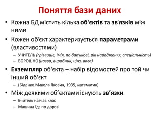 Поняття бази даних
• Кожна БД містить кілька об'єктів та зв'язків між
ними
• Кожен об'єкт характеризується параметрами
(властивостями)
– УЧИТЕЛЬ (прізвище, ім'я, по батькові, рік народження, спеціальність)
– БОРОШНО (назва, виробник, ціна, вага)
• Екземпляр об'єкта – набір відомостей про той чи
інший об'єкт
– (Біденко Микола Якович, 1935, математик)
• Між деякими об’єктами існують зв’язки
– Вчитель навчає клас
– Машина їде по дорозі
 
