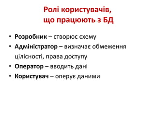 Ролі користувачів,
що працюють з БД
• Розробник – створює схему
• Адміністратор – визначає обмеження
цілісності, права доступу
• Оператор – вводить дані
• Користувач – оперує даними
 