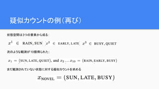 疑似カウントの例（再び）
次のような観測が10個得られた:
状態空間は3つの要素から成る:
まだ観測されていない状態に対する擬似カウントを求める
 