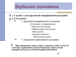 12
Вербальне оцінювання
у 1 класі з усіх предметів інваріантної складової
у 2-4 класах:
 з предметів інваріантної складової:
«Сходинки до інформатики»
«Музичне мистецтво»
«Образотворче мистецтво»
«Мистецтво»
«Основи здоров’я»
«Фізична культура»
 з предметів варіативної складової
При оцінюванні знань, вмінь і навичок учнів 2 класу (І
семестр) за рішенням педагогічної ради замість балів
використовуються словесні (вербальні) оцінки
 