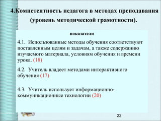22
4.Компетентность педагога в методах преподавания
(уровень методической грамотности).
показатели
4.1. Использованные методы обучения соответствуют
поставленным целям и задачам, а также содержанию
изучаемого материала, условиям обучения и времени
урока. (18)
4.2. Учитель владеет методами интерактивного
обучения (17)
4.3. Учитель использует информационно-
коммуникационные технологии (20)
 