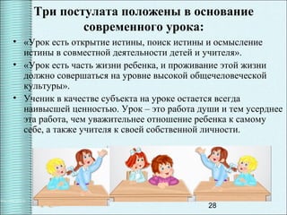 28
Три постулата положены в основание
современного урока:
• «Урок есть открытие истины, поиск истины и осмысление
истины в совместной деятельности детей и учителя».
• «Урок есть часть жизни ребенка, и проживание этой жизни
должно совершаться на уровне высокой общечеловеческой
культуры».
• Ученик в качестве субъекта на уроке остается всегда
наивысшей ценностью. Урок – это работа души и тем усерднее
эта работа, чем уважительнее отношение ребенка к самому
себе, а также учителя к своей собственной личности.
 