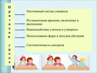 4
П
р
и
з
н
а
к
и
у
р
о
к
а
Постоянный состав учащихся
Регламентация времени, включение в
расписание
Взаимодействие учителя и учащихся
Использование форм и методов обучения
Систематичность контроля
 