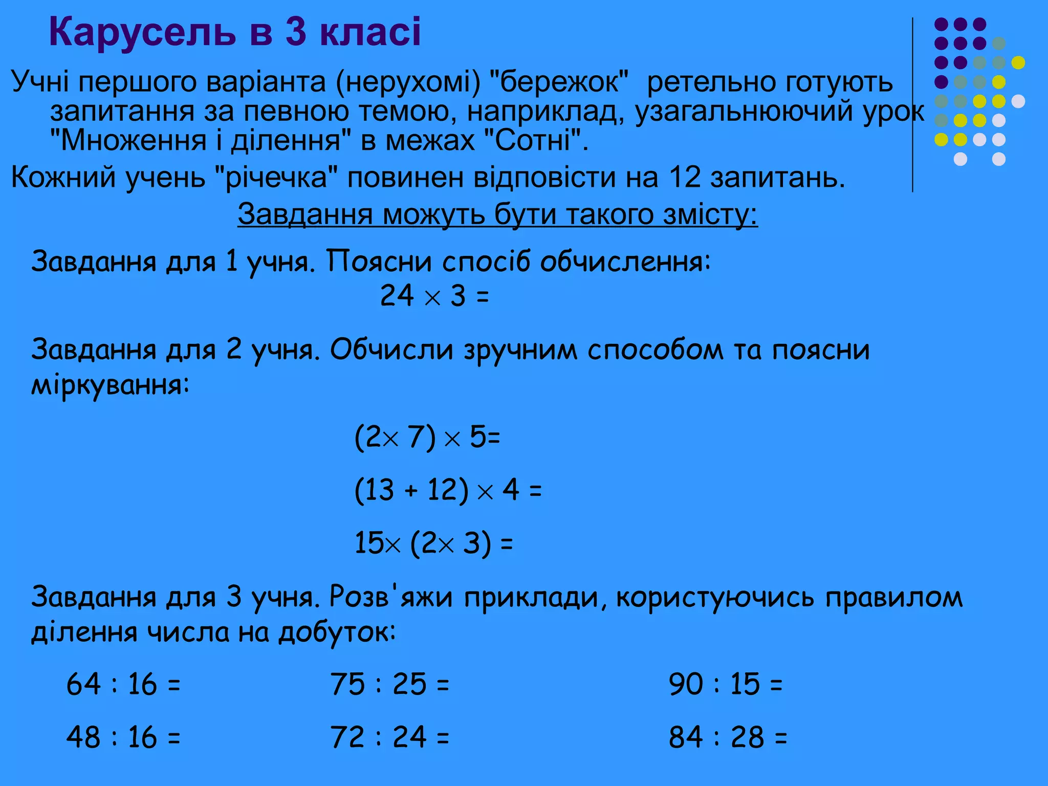 Карусель в 3 класі
Учні першого варіанта (нерухомі) "бережок" ретельно готують
запитання за певною темою, наприклад, узагальнюючий урок
"Множення і ділення" в межах "Сотні".
Кожний учень "річечка" повинен відповісти на 12 запитань.
Завдання можуть бути такого змісту:
Завдання для 1 учня. Поясни спосіб обчислення:
24 × 3 =
Завдання для 2 учня. Обчисли зручним способом та поясни
міркування:
(2× 7) × 5=
(13 + 12) × 4 =
15× (2× З) =
Завдання для 3 учня. Розв'яжи приклади, користуючись правилом
ділення числа на добуток:
64 : 16 = 75 : 25 = 90 : 15 =
48 : 16 = 72 : 24 = 84 : 28 =
 