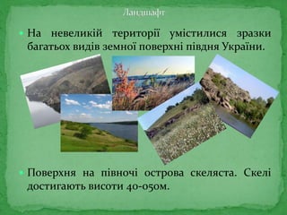  На невеликій території умістилися зразки
багатьох видів земної поверхні півдня України.
 Поверхня на півночі острова скеляста. Скелі
достигають висоти 40-050м.
 