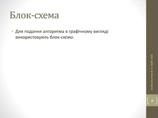 Блок-схема
• Для подання алгоритма в графічному вигляді
використовують блок-схеми.
(с)ВасильченкоВ.О.СШ852015
8
 
