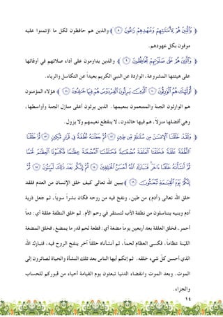 14
‫عليه‬ ‫اؤتمنوا‬ ‫ما‬ ‫لكل‬ ‫حافظون‬ ‫هم‬ ‫والذين‬‫ﮃﱪ‬‫ﮂ‬‫ﮁ‬‫ﮀ‬ ‫ﭿ‬‫ﱫﭾ‬
.‫عهودهم‬ ‫بكل‬ ‫موفون‬
‫أوقاتها‬ ‫في‬ ‫صالتهم‬ ‫أداء‬ ‫على‬ ‫يداومون‬ ‫والذين‬ ‫ﮉﱪ‬‫ﮈ‬ ‫ﮇ‬‫ﮆ‬‫ﮅ‬‫ﱫﮄ‬
.‫والرياء‬ ‫التكاسل‬ ‫عن‬ ً‫ا‬‫بعيد‬ ‫الكريم‬ ‫النبي‬ ‫عن‬ ‫الواردة‬ ،‫المشروعة‬ ‫هيئتها‬ ‫على‬
‫المؤمنون‬ ‫هؤالء‬ ‫ﮔﱪ‬‫ﮓ‬‫ﮒ‬‫ﮑ‬‫ﮐ‬ ‫ﮏ‬‫ﮎ‬‫ﮍ‬‫ﮌ‬‫ﮋ‬‫ﮊ‬‫ﱫ‬
،‫وأواسطها‬ ‫الجنة‬ ‫منازل‬ ‫أعلى‬ ‫يرثون‬ ‫الذين‬ .‫بنعيمها‬ ‫والمتنعمون‬ ‫الجنة‬ ‫الوارثون‬ ‫هم‬
.‫يزول‬ ‫وال‬ ‫نعيمهم‬ ‫ينقطع‬ ‫ال‬ ،‫خالدون‬ ‫فيها‬ ‫هم‬ ،ً‫ال‬‫منز‬ ‫أفضلها‬ ‫وهي‬
‫ﮥ‬‫ﮣﮤ‬ ‫ﮢ‬ ‫ﮡ‬ ‫ﮠ‬ ‫ﮟ‬ ‫ﮞ‬ ‫ﮜﮝ‬‫ﮛ‬ ‫ﮚ‬ ‫ﮙ‬ ‫ﮘ‬ ‫ﮗ‬ ‫ﮖ‬ ‫ﱫﮕ‬
‫ﮰ‬‫ﮯ‬‫ﮮ‬‫ﮭ‬‫ﮬ‬ ‫ﮫ‬‫ﮪ‬‫ﮩ‬‫ﮨ‬‫ﮧ‬‫ﮦ‬
‫ﯢ‬‫ﯡ‬‫ﯠ‬ ‫ﯟ‬‫ﯞ‬ ‫ﯝ‬‫ﯛﯜ‬‫ﯚ‬‫ﯙ‬‫ﯘ‬‫ﯗ‬‫ﯖ‬‫ﯕ‬ ‫ﯔ‬‫ﯓ‬‫ﮱ‬
‫فلقد‬ ‫العدم‬ ‫من‬ ‫اإلنسان‬ ‫خلق‬ ‫كيف‬ ‫تعالى‬ ‫اهلل‬ ‫يبين‬‫ﱪ‬‫ﯧ‬‫ﯦ‬‫ﯥ‬‫ﯤ‬‫ﯣ‬
‫ذرية‬ ‫جعل‬ ‫ثم‬ ،ً‫ا‬‫سوي‬ ً‫ا‬‫بشر‬ ‫فكان‬ ‫روحه‬ ‫من‬ ‫فيه‬ ‫ونفخ‬ ،‫طين‬ ‫من‬ )‫(آدم‬ ‫تعالى‬ ‫اهلل‬ ‫خلق‬
ً‫ا‬‫دم‬ :‫أي‬ ‫علقة‬ ‫النطفة‬ ‫خلق‬ ‫ثم‬ .‫األم‬ ‫رحم‬ ‫في‬ ‫لتستقر‬ ‫األب‬ ‫نطفة‬ ‫من‬ ‫يتناسلون‬ ‫وبنيه‬ ‫آدم‬
‫المضغة‬ ‫فخلق‬ ،‫يمضغ‬ ‫ما‬ ‫قدر‬ ‫لحم‬ ‫قطعة‬ :‫أي‬ ‫مضغة‬ ً‫ا‬‫يوم‬ ‫أربعين‬ ‫بعد‬ ‫العلقة‬ ‫فخلق‬ ،‫أحمر‬
‫اهلل‬ ‫فتبارك‬ ،‫فيه‬ ‫الروح‬ ‫ينفخ‬ ‫آخر‬ ً‫ا‬‫خلق‬ ‫أنشأناه‬ ‫ثم‬ ،ً‫ا‬‫لحم‬ ‫العظام‬ ‫فكسى‬ ،ً‫ا‬‫عظام‬ ‫نة‬ّ‫ي‬‫الل‬
‫إلى‬ ‫لصائرون‬ ‫والحياة‬ ‫النشأة‬ ‫تلك‬ ‫بعد‬ ‫الناس‬ ‫أيها‬ ‫إنكم‬ ‫ثم‬ .‫خلقه‬ ‫شيء‬ ّ‫كل‬ ‫أحسن‬ ‫الذي‬
‫للحساب‬ ‫قبوركم‬ ‫من‬ ‫أحياء‬ ‫القيامة‬ ‫يوم‬ ‫تبعثون‬ ‫الدنيا‬ ‫وانقضاء‬ ‫الموت‬ ‫وبعد‬ .‫الموت‬
.‫والجزاء‬
 