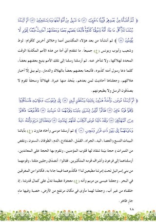 18
‫ﭚ‬‫ﭙ‬‫ﭘ‬‫ﭗ‬‫ﭖ‬‫ﭕ‬‫ﭔ‬‫ﭓ‬‫ﭒ‬‫ﭑ‬ ‫ﰐ‬‫ﰏ‬‫ﰎ‬ ‫ﰍ‬ ‫ﰌ‬‫ﰋ‬‫ﱫﰊ‬
‫ﭭ‬ ‫ﭬ‬‫ﭫ‬‫ﭪ‬‫ﭩ‬‫ﭨ‬‫ﭧ‬‫ﭦ‬‫ﭥ‬‫ﭤ‬‫ﭣ‬‫ﭢ‬‫ﭡ‬‫ﭠ‬‫ﭟ‬ ‫ﭞ‬‫ﭝ‬‫ﭜ‬‫ﭛ‬
‫لوط‬ :‫كأقوام‬ ‫آخرين‬ ‫وخالئق‬ ‫أمما‬ ‫المكذبين‬ ‫هؤالء‬ ‫بعد‬ ‫من‬ ‫أنشأنا‬ ‫ثم‬ ‫ﱪ‬‫ﭯ‬‫ﭮ‬
‫الوقت‬ ‫ة‬ّ‫ب‬‫المكذ‬ ‫األمم‬ ‫هذه‬ ‫من‬ ‫أمة‬ ّ‫أي‬ ‫تتقدم‬ ‫ما‬ .ً‫ا‬‫جميع‬ )‫(ع‬ ‫ويونس‬ ‫وأيوب‬ ‫وشعيب‬
،ً‫ا‬‫بعض‬ ‫بعضهم‬ ‫يتبع‬ ‫األمم‬ ‫تلك‬ ‫إلى‬ ‫رسلنا‬ ‫أرسلنا‬ ‫ثم‬ .‫عنه‬ ‫تتأخر‬ ‫وال‬ ،‫لهالكها‬ ‫المحدد‬
‫أخبار‬ ّ‫إال‬ َ‫يبق‬ ‫ولم‬ ،‫والدمار‬ ‫بالهالك‬ ً‫ا‬‫بعض‬ ‫بعضهم‬ ‫فأتبعنا‬ ،‫بوه‬ّ‫كذ‬ ‫أمته‬ ‫رسول‬ ‫دعا‬ ‫كلما‬
‫ال‬ ‫لقوم‬ ً‫ا‬‫وسحق‬ ً‫ا‬‫فهالك‬ .‫عبرة‬ ‫منها‬ ‫خذ‬ُ‫ت‬‫ي‬ ،‫بعدهم‬ ‫لمن‬ ‫أحاديث‬ ‫وجعلناها‬ ،‫هالكهم‬
.ِ‫يطيعونهم‬ ‫وال‬ ‫الرسل‬ ‫قون‬ّ‫يصد‬
‫ﭼ‬‫ﭻ‬‫ﭺ‬‫ﭹ‬‫ﭸ‬‫ﭷ‬‫ﭶ‬‫ﭵ‬‫ﭴ‬ ‫ﭳ‬‫ﭲ‬‫ﭱ‬‫ﱫﭰ‬
‫ﮊ‬‫ﮉ‬‫ﮈ‬‫ﮇ‬‫ﮆ‬‫ﮅ‬ ‫ﮄ‬‫ﮃ‬‫ﮂ‬‫ﮁ‬‫ﮀ‬‫ﭿ‬‫ﭾ‬‫ﭽ‬
‫ﮙ‬‫ﮘ‬‫ﮗ‬‫ﮖ‬‫ﮕ‬‫ﮔ‬‫ﮓ‬‫ﮒ‬‫ﮑ‬‫ﮐ‬‫ﮏ‬‫ﮎ‬‫ﮍ‬‫ﮌ‬‫ﮋ‬
‫بآياتنا‬ )‫(ع‬ ‫هارون‬ ‫وأخاه‬ ‫موسى‬ ‫أرسلنا‬ ‫ثم‬ ‫ﱪ‬‫ﮠ‬‫ﮟ‬‫ﮞ‬‫ﮝ‬ ‫ﮜ‬‫ﮛ‬‫ﮚ‬
‫ونقص‬،‫السنون‬،‫الطوفان‬،‫الدم‬،‫الضفادع‬،‫ل‬َّ‫القم‬،‫الجراد‬،‫اليد‬،‫(العصا‬‫التسع‬‫البينات‬
،‫المعاندين‬ ‫على‬ ‫الحجة‬ ‫بها‬ ‫وتقوم‬ ،‫المؤمنين‬ ‫قلوب‬ ‫لها‬ ‫تنقاد‬ ‫نة‬ّ‫ي‬‫ب‬ ‫حجة‬ )‫الثمرات‬ ‫من‬
‫وقومهما‬ ،‫مثلنا‬ ‫رجلين‬ ‫ق‬ّ‫أنصد‬ :‫فقالوا‬ .‫رين‬ّ‫ب‬‫المتك‬ ‫قومه‬ ‫وأشراف‬ ‫فرعون‬ ‫إلى‬ ‫أرسلناهما‬
‫المغرقين‬ ‫من‬ ‫فكانوا‬ ،‫به‬ ‫جاءا‬ ‫فيما‬ ‫بوهما‬ّ‫فكذ‬ ‫لنا؟‬ ‫مطيعين‬ ‫إمرتنا‬ ‫تحت‬ ‫إسرائيل‬ ‫بني‬ ‫من‬
‫إذ‬ ،‫قدرتنا‬ ‫كمال‬ ‫على‬ ّ‫تدل‬ ‫عظيمة‬ ‫معجزة‬ )‫(ع‬ ‫ه‬ّ‫م‬‫وأ‬ ‫مريم‬ ‫بن‬ ‫عيسى‬ ‫وجعلنا‬ .‫البحر‬ ‫في‬
ٍ‫ماء‬ ‫وفيها‬ ‫خصبة‬ ،‫األرض‬ ‫من‬ ‫مرتفع‬ ‫مكان‬ ‫في‬ ‫مأوى‬ ‫لهما‬ ‫وجعلنا‬ ،‫أب‬ ‫غير‬ ‫من‬ ‫خلقناه‬
.‫ظاهر‬ ٍ‫جار‬
 