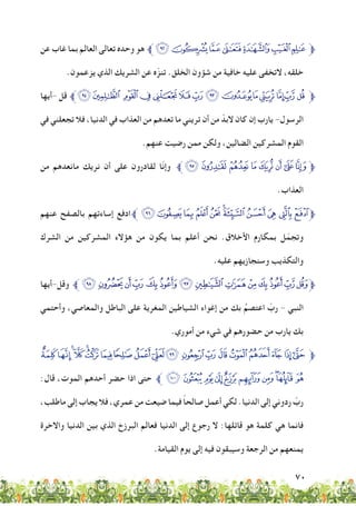 70
‫عن‬ ‫غاب‬ ‫بما‬ ‫العالم‬ ‫تعالى‬ ‫وحده‬ ‫هو‬ ‫ﭸﱪ‬‫ﭷ‬‫ﭶ‬‫ﭵ‬‫ﭴ‬‫ﭳ‬‫ﭲ‬‫ﱫ‬
.‫يزعمون‬ ‫الذي‬ ‫الشريك‬ ‫عن‬ ‫ه‬ّ‫تنز‬ .‫الخلق‬ ‫شؤون‬ ‫من‬ ‫خافية‬ ‫عليه‬ ‫التخفى‬ ،‫خلقه‬
‫-أيها‬ ‫قل‬ ‫ﮆﱪ‬‫ﮅ‬ ‫ﮄ‬‫ﮃ‬‫ﮂ‬‫ﮁ‬‫ﮀ‬‫ﭿ‬‫ﭾ‬‫ﭽ‬‫ﭼ‬ ‫ﭻ‬‫ﭺ‬‫ﭹ‬‫ﱫ‬
‫في‬ ‫تجعلني‬ ‫فال‬ ،‫الدنيا‬ ‫في‬ ‫العذاب‬ ‫من‬ ‫تعدهم‬ ‫ما‬ ‫تريني‬ ‫أن‬ ‫من‬ ّ‫البد‬ ‫كان‬ ‫إن‬ ‫يارب‬ -‫الرسول‬
.‫عنهم‬ ‫رضيت‬ ‫ممن‬ ‫ولكن‬ ،‫الضالين‬ ‫المشركين‬ ‫القوم‬
‫من‬ ‫مانعدهم‬ ‫نريك‬ ‫أن‬ ‫على‬ ‫لقادرون‬ ‫ّا‬‫ن‬‫وإ‬ ‫ﱪ‬‫ﮎ‬ ‫ﮍ‬ ‫ﮌ‬ ‫ﮋ‬ ‫ﮊ‬ ‫ﮉ‬ ‫ﮈ‬ ‫ﱫﮇ‬
.‫العذاب‬
‫عنهم‬ ‫بالصفح‬ ‫إساءتهم‬ ‫ادفع‬‫ﱪ‬ ‫ﮙ‬‫ﮘ‬‫ﮗ‬‫ﮖ‬‫ﮕ‬‫ﮔ‬‫ﮓ‬‫ﮒ‬‫ﮑ‬‫ﮐ‬‫ﱫﮏ‬
‫الشرك‬ ‫من‬ ‫المشركين‬ ‫هؤالء‬ ‫من‬ ‫يكون‬ ‫بما‬ ‫أعلم‬ ‫نحن‬ .‫األخالق‬ ‫بمكارم‬ ‫ل‬ّ‫وتجم‬
.‫عليه‬ ‫وسنجازيهم‬ ‫والتكذيب‬
‫وقل-أيها‬ ‫ﱪ‬‫ﮧ‬‫ﮦ‬‫ﮥ‬‫ﮤ‬ ‫ﮣ‬‫ﮢ‬‫ﮡ‬‫ﮠ‬‫ﮟ‬‫ﮞ‬‫ﮝ‬‫ﮜ‬‫ﮛ‬‫ﱫﮚ‬
‫وأحتمي‬ ،‫والمعاصي‬ ‫الباطل‬ ‫على‬ ‫المغرية‬ ‫الشياطين‬ ‫إغواء‬ ‫من‬ ‫بك‬ ُ‫اعتصم‬ ّ‫رب‬ - ‫النبي‬
.‫أموري‬ ‫من‬ ‫شيء‬ ‫في‬ ‫حضورهم‬ ‫من‬ ‫يارب‬ ‫بك‬
‫ﯛ‬‫ﯚ‬‫ﯙ‬‫ﯘ‬‫ﯗ‬‫ﯖ‬‫ﯕ‬‫ﯔ‬‫ﯓ‬‫ﮰﮱ‬ ‫ﮯ‬‫ﮮ‬‫ﮭ‬‫ﮬ‬‫ﮫ‬‫ﮪ‬‫ﮩ‬‫ﮨ‬‫ﱫ‬
:‫قال‬ ،‫الموت‬ ‫أحدهم‬ ‫حضر‬ ‫اذا‬ ‫حتى‬ ‫ﱪ‬ ‫ﯥ‬‫ﯤ‬ ‫ﯣ‬‫ﯢ‬‫ﯡ‬ ‫ﯠ‬‫ﯟ‬‫ﯞ‬‫ﯝ‬‫ﯜ‬
،‫ماطلب‬ ‫إلى‬ ‫يجاب‬ ‫فال‬ ،‫عمري‬ ‫من‬ ‫ضيعت‬ ‫فيما‬ ً‫ا‬‫صالح‬ ‫أعمل‬ ‫لكي‬ .‫الدنيا‬ ‫إلى‬ ‫ردوني‬ ّ‫رب‬
‫واالخرة‬ ‫الدنيا‬ ‫بين‬ ‫الذي‬ ‫البرزخ‬ ‫فعالم‬ ‫الدنيا‬ ‫إلى‬ ‫رجوع‬ ‫ال‬ :‫قائلها‬ ‫هو‬ ‫كلمة‬ ‫هي‬ ‫فانما‬
.‫القيامة‬ ‫يوم‬ ‫إلى‬ ‫فيه‬ ‫وسيبقون‬ ‫الرجعة‬ ‫من‬ ‫يمنعهم‬
 