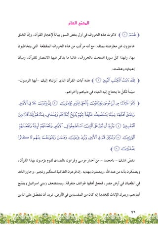 96
‫العام‬‫المعنى‬
‫الخلق‬ ّ‫وإن‬ ،‫القرآن‬ ‫إلعجاز‬ ً‫ا‬‫بيان‬ ‫السور‬ ‫بعض‬ ‫أول‬ ‫في‬ ‫الحروف‬ ‫هذه‬ ‫ذكرت‬ ‫ﱪ‬‫ﮞ‬‫ﮝ‬‫ﱫ‬
‫يتخاطبون‬ ‫التي‬ ‫المقطعة‬ ‫الحروف‬ ‫هذه‬ ‫من‬ ‫ب‬ّ‫مرك‬ ‫أنه‬ ‫مع‬ ،‫بمثله‬ ‫معارضته‬ ‫عن‬ ‫عاجزون‬
‫وبيان‬ ،‫للقرآن‬ ‫االنتصار‬ ‫فيها‬ ‫يذكر‬ ‫ما‬ ‫غالبا‬ ،‫بالحروف‬ ‫افتتحت‬ ‫سورة‬ ّ‫كل‬ ‫ولهذا‬ ،‫بها‬
.‫وعظمته‬ ‫إعجازه‬
-‫الرسول‬ ‫-أيها‬ ‫إليك‬ ‫أنزلناه‬ ‫الذي‬ ‫القرآن‬ ‫آيات‬ ‫هذه‬ ‫ﱪ‬‫ﮣ‬‫ﮢ‬ ‫ﮡ‬‫ﮠ‬‫ﮟ‬‫ﱫ‬
.‫وأخراهم‬ ‫دنياهم‬ ‫في‬ ‫العباد‬ ‫إليه‬ ‫يحتاج‬ ‫ما‬ ّ‫لكل‬ ً‫ا‬‫ن‬ّ‫ي‬‫مب‬
‫ﯓ‬‫ﮱ‬‫ﮰ‬‫ﮯ‬‫ﮭﮮ‬‫ﮬ‬ ‫ﮫ‬‫ﮪ‬‫ﮩ‬‫ﮨ‬‫ﮧ‬‫ﮦ‬ ‫ﮥ‬‫ﮤ‬‫ﱫ‬
‫ﯡ‬‫ﯠ‬‫ﯟ‬‫ﯞ‬‫ﯝ‬‫ﯜ‬‫ﯛ‬‫ﯚ‬‫ﯙ‬‫ﯘ‬ ‫ﯗ‬‫ﯖ‬‫ﯕ‬‫ﯔ‬
‫ﯮ‬‫ﯭ‬‫ﯬ‬‫ﯫ‬‫ﯪ‬‫ﯩ‬‫ﯨ‬‫ﯧ‬‫ﯦ‬‫ﯥ‬‫ﯣﯤ‬‫ﯢ‬
‫ﭛ‬ ‫ﭚ‬ ‫ﭙ‬ ‫ﭘ‬ ‫ﭗ‬ ‫ﭖ‬ ‫ﭕ‬ ‫ﭔ‬ ‫ﭓ‬ ‫ﭒ‬ ‫ﭑ‬‫ﯰ‬ ‫ﯯ‬
‫ﱪ‬‫ﭝ‬‫ﭜ‬
،‫القرآن‬ ‫بهذا‬ ‫يؤمنون‬ ‫لقوم‬ ‫بالصدق‬ ‫وفرعون‬ ‫موسى‬ ‫أخبار‬ ‫من‬ - ‫يامحمد‬ - ‫عليك‬ ّ‫نقص‬
‫د‬ ّ‫الح‬ ‫وجاوز‬ ،‫وتجبر‬ ‫استكبر‬ ‫الطاغية‬ ‫فرعون‬ ‫إن‬ .‫بهديه‬ ‫ويعملون‬ ،‫اهلل‬ ‫عند‬ ‫من‬ ‫بأنه‬ ‫قون‬ّ‫ويصد‬
‫ح‬ّ‫ب‬‫يذ‬ )‫اسرائيل‬ ‫(بني‬ ‫ويستضعف‬ ،‫متفرقة‬ ‫طوائف‬ ‫أهلها‬ ‫فجعل‬ ،‫مصر‬ ‫أرض‬ ‫في‬ ‫الطغيان‬ ‫في‬
‫الذين‬ ‫على‬ ‫ل‬ ّ‫نتفض‬ ‫أن‬ ‫نريد‬ .‫األرض‬ ‫في‬ ‫المفسدين‬ ‫من‬ ‫كان‬ ‫إنه‬ ‫للخدمة‬ ‫اإلناث‬ ‫ويترك‬ ،‫أبناءهم‬
 
