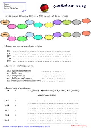 1.Ανεβαίνω ανά 100 από το 1100 ως το 2000 και από το 2100 ως το 3000
2.Γράφω τους παρακάτω αριθμούς με λέξεις.
2354 ……………………………………………………………………...
1768 ………………………………………………………………………
1059 ……………………………………………………………………….
2100 ……………………………………………………………………….
1999 ……………………………………………………………………….
3.Γράφω τους αριθμούς με ψηφία.
Χίλια εξακόσια είκοσι πέντε ………………………….
Δυο χιλιάδες εννιά …………………………..
Χίλια ενενήντα εννιά …………………………..
Δυο χιλιάδες τετρακόσια εφτά …………………………..
Δυο χιλιάδες εννιακόσια ενενήντα εννιά …………………………..
4.Γράφω όπως το παράδειγμα.
1765  1 Χ(χιλιάδα) 7 Ε(εκατοντάδες) 6 Δ(δεκάδες) 5 Μ (μονάδες)
1000+700+60+5=1765
2547  ………………………………………………………………
……………………………………………………………..
2463  ……………………………………………………………..
……………………………………………………………...
1821  ……………………………………………………………..
…………………………………………………………….
1940  …………………………………………………………….
…………………………………………………………….
2009  …………………………………………………………….
……………………………………………………………..
Όνομα_______________
Επώνυμο_____________
Hμ/νία 29-10-2009
1100
2100
Χατζημανώλη Αγγελική
Επιμέλεια επανάληψης: Χρήστος Χαρμπής http://kritiria.blogspot.gr σελ.105
 