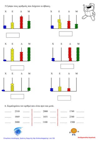 5.Γράφω τους αριθμούς που δείχνουν οι άβακες.
Χ Ε Δ Μ Χ Ε Δ Μ
Χ Ε Δ Μ Χ Ε Δ Μ
Χ Ε Δ Μ Χ Ε Δ Μ
6. Συμπληρώνω τον αριθμό που είναι πριν και μετά.
........... 2310 ........... ............ 2000 .......... ........... 1749 .............
........... 1869 ........... ............ 1651 .......... ........... 2340 .............
…….. 3000 ……... ……… 1100 …….. ……… 1500 ………
Χατζημανώλη Αγγελική
Επιμέλεια επανάληψης: Χρήστος Χαρμπής http://kritiria.blogspot.gr σελ.106
 