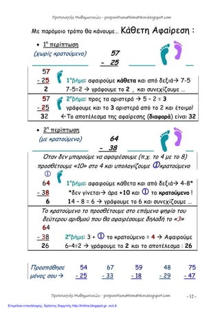 - 12 -
Με παρόμοιο τρόπο θα κάνουμε… Κάθετη Αφαίρεση :
 1η
περίπτωση
(χωρίς κρατούμενο) 57
_______________ - 25 _______ __
57
- 25 1ο
βήμα: αφαιρούμε κάθετα και από δεξιά 7-5
2 7-5=2  γράφουμε το 2 , και συνεχίζουμε …
57 2ο
βήμα: προς τα αριστερά  5 – 2 = 3
- 25 γράφουμε και το 3 αριστερά από το 2 και έτοιμο!
32 Το αποτέλεσμα της αφαίρεσης (διαφορά) είναι 32
 2η
περίπτωση
(με κρατούμενο) 64
_______________ - 38 _______ __
Όταν δεν μπορούμε να αφαιρέσουμε (π.χ. το 4 με το 8)
προσθέτουμε «10» στο 4 και υπολογίζουμε κρατούμενο

64 1ο
βήμα: αφαιρούμε κάθετα και από δεξιά 4-8*
- 38 *δεν γίνεται άρα +10 και  το κρατούμενο !
6 14 – 8 = 6  γράφουμε το 6 και συνεχίζουμε …
Το κρατούμενο το προσθέτουμε στο επόμενο ψηφίο του
δεύτερου αριθμού που θα αφαιρέσουμε δηλαδή το «3»
64
- 38 2ο
βήμα: 3 +  το κρατούμενο = 4  Αφαιρούμε
26 6–4=2  γράφουμε το 2 και το αποτέλεσμα : 26
Προσπάθησε 54 67 59 48 75
μόνος σου  - 25 - 33 - 18 - 29 - 47
Προπονητής Μαθηματικών - proponitismathimatikon.blogspot.com
Προπονητής Μαθηματικών - proponitismathimatikon.blogspot.com
Επιμέλεια επανάληψης: Χρήστος Χαρμπής http://kritiria.blogspot.gr σελ.9
 