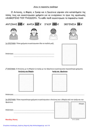 Λύνω το παρακάτω πρόβλημα
Ο Αντώνης, η Μαρία, ο Ιγκόρ και η Ιφιγένεια γύρισαν στα καταστήματα της
πόλης τους και συγκέντρωσαν χρήματα για να ενισχύσουν το έργο της οργάνωσης
«ΧΑΜΟΓΕΛΟ ΤΟΥ ΠΑΙΔΙΟΥ». Το κάθε παιδί συγκέντρωσε τα παρακάτω ποσά:
ΑΝΤΩΝΗΣ 245 € ΜΑΡΙΑ 167 € ΙΓΚΟΡ 289 € ΙΦΙΓΕΝΕΙΑ 94 €
1ο ΕΡΩΤΗΜΑ: Πόσα χρήματα συγκέντρωσαν όλα τα παιδιά μαζί;
Απάντηση: .......................................................................................
.......................................................................................
2ο
ΕΡΩΤΗΜΑ: Ο Αντώνης με τη Μαρία ή ο Ιγκόρ με την Ιφιγένεια συγκέντρωσαν περισσότερα χρήματα;
Αντώνης και Μαρία Ιγκόρ και Ιφιγένεια
Απάντηση: ........................................................................................................................................................
3ο ΕΡΩΤΗΜΑ: Πόσα περισσότερα χρήματα συγκέντρωσαν ο Αντώνης και η Μαρία από τον Ιγκόρ και την
Ιφιγένεια;
Απάντηση: .......................................................................................
.......................................................................................
έλεγχος
Μανόλης Ράντος 10-11-2008
Επιμέλεια επανάληψης: Χρήστος Χαρμπής http://kritiria.blogspot.gr σελ.114
 