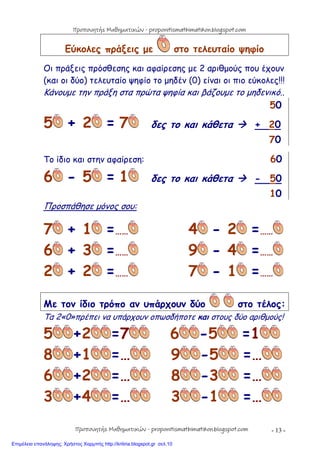 - 13 -
Εύκολες πράξεις με στο τελευταίο ψηφίο
Οι πράξεις πρόσθεσης και αφαίρεσης με 2 αριθμούς που έχουν
(και οι δύο) τελευταίο ψηφίο το μηδέν (0) είναι οι πιο εύκολες!!!
Κάνουμε την πράξη στα πρώτα ψηφία και βάζουμε το μηδενικό..
50
5 + 2 = 7 δες το και κάθετα  + 20
70
Το ίδιο και στην αφαίρεση: 60
6 - 5 = 1 δες το και κάθετα  - 50
10
Προσπάθησε μόνος σου:
7 + 1 =…… 4 - 2 =……
6 + 3 =…… 9 - 4 =……
2 + 2 =…… 7 - 1 =……
Με τον ίδιο τρόπο αν υπάρχουν δύο στο τέλος:
Τα 2«0»πρέπει να υπάρχουν οπωσδήποτε και στους δύο αριθμούς!
5 +2 =7 6 -5 =1
8 +1 =… 9 -5 =…
6 +2 =… 8 -3 =…
3 +4 =… 3 -1 =…
Προπονητής Μαθηματικών - proponitismathimatikon.blogspot.com
Προπονητής Μαθηματικών - proponitismathimatikon.blogspot.com
Επιμέλεια επανάληψης: Χρήστος Χαρμπής http://kritiria.blogspot.gr σελ.10
 
